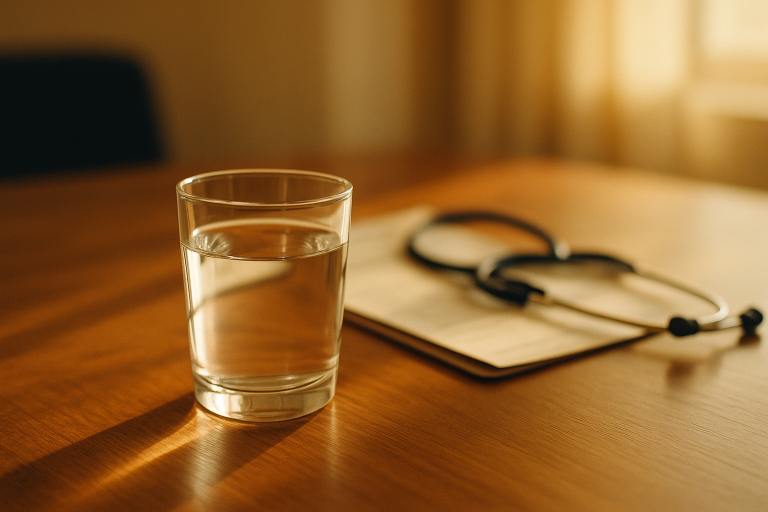 Fotografía editorial realista de un vaso de agua transparente sobre una mesa de madera en luz matinal suave, con un estetoscopio médico y documentos de análisis desenfocados al fondo, tonos crema y azul marino, composición minimalista mexicana que evoca el bienestar y la salud preventiva