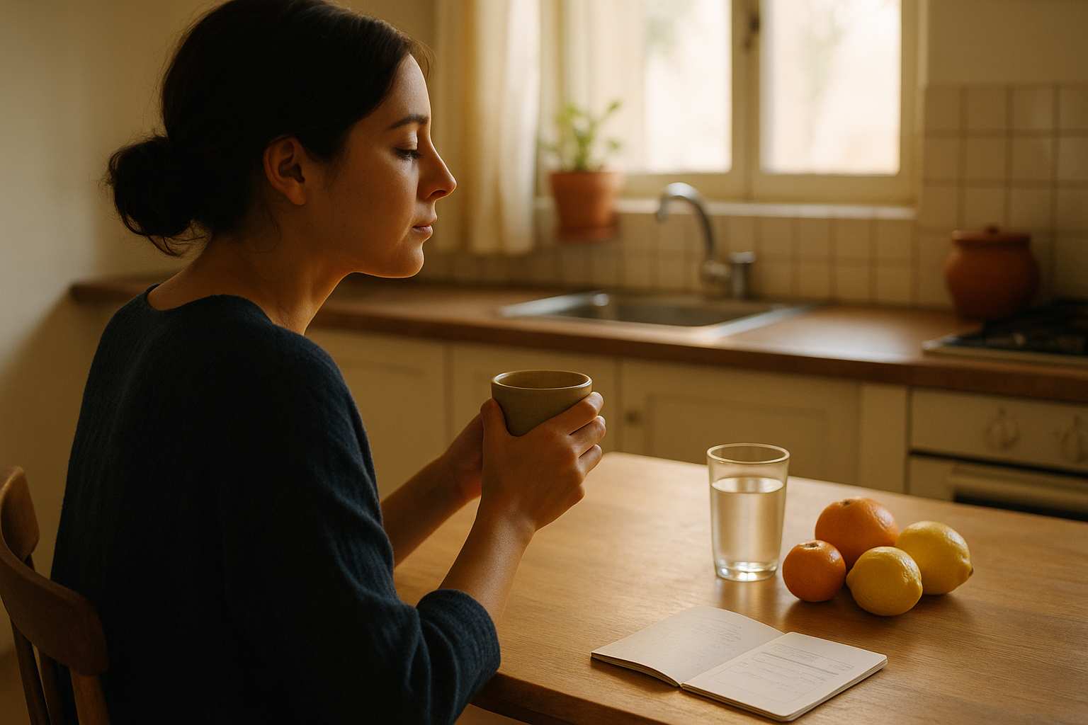 Mujer sentada en una mesa de cocina cálida por la mañana, tomando té o café, con luz natural que entra por la ventana. En la mesa de madera hay un vaso de agua, frutas cítricas frescas y un cuaderno con resultados de análisis de sangre. Ambiente tranquilo y de autocuidado en un hogar mexicano moderno, con tonos crema, azul marino y detalles en terracota.