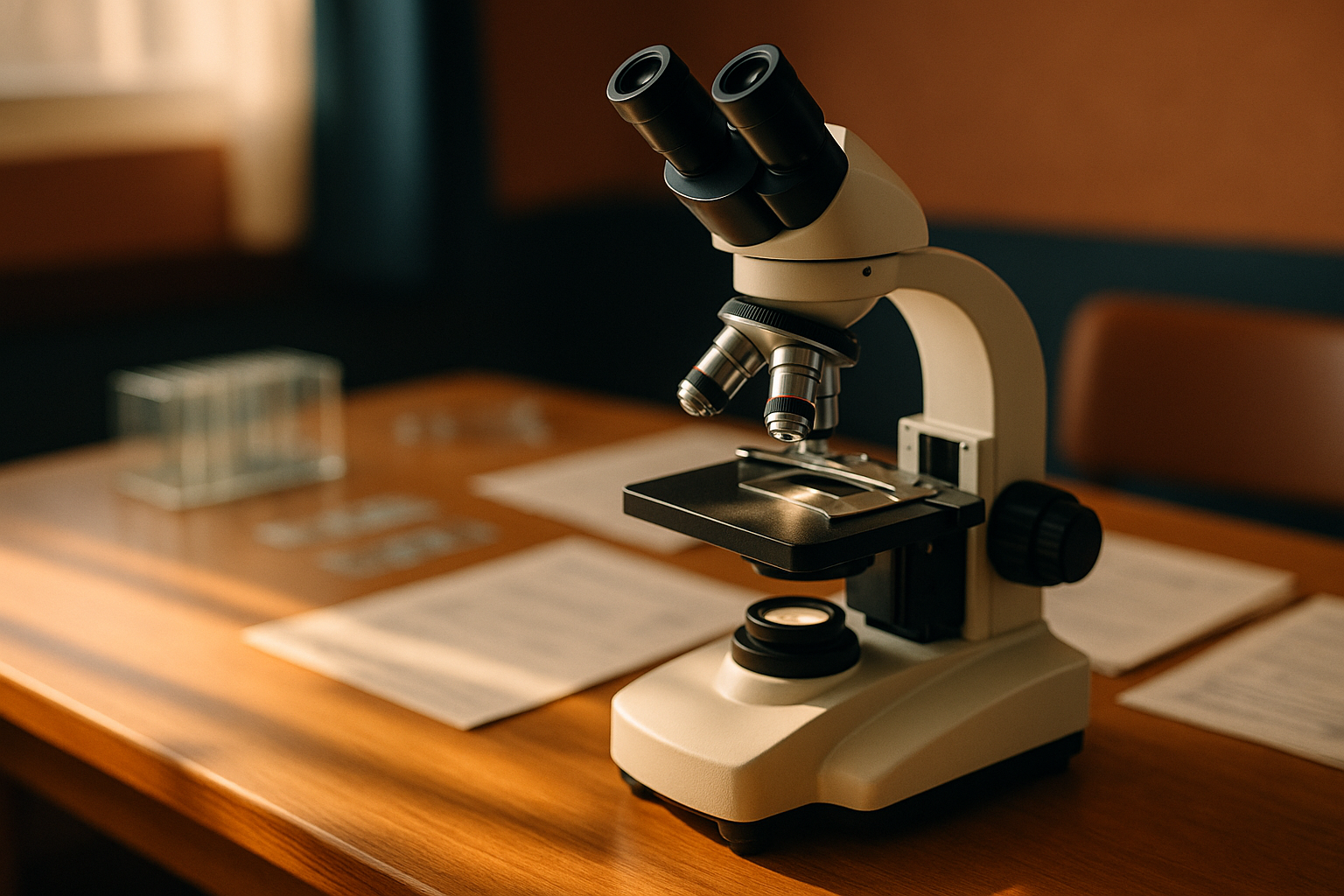 Fotografía editorial realista de un microscopio de laboratorio sobre escritorio de madera con luz natural de mañana, fondo desenfocado mostrando portaobjetos y documentos médicos, paleta cálida en tonos terracota y azul marino con acentos crema, estética clínica pero acogedora mexicana, fotorrealista sin texto ni marcas