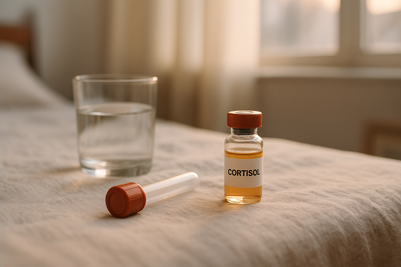 Una toma editorial de una prueba de cortisol matutino: viales médicos y tubo de colección sobre una superficie de lino crema al amanecer, junto a un vaso de agua transparente, luz natural suave de la mañana entrando por una ventana, paleta de tonos navy y terracota, composición minimalista sin personas, evocando un momento tranquilo de diagnóstico de salud en un hogar mexicano moderno