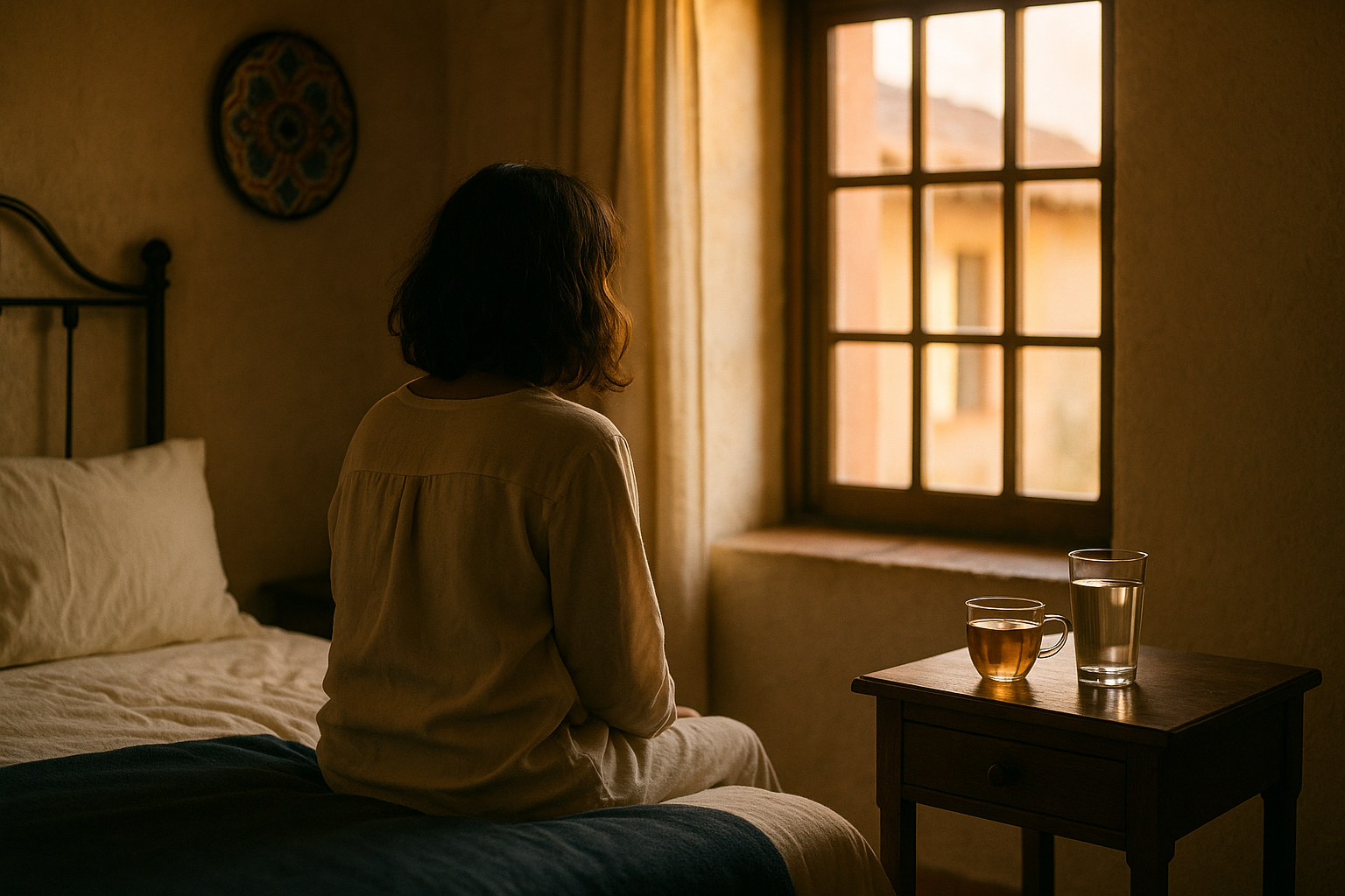 Persona sentada de espaldas junto a una ventana con luz natural suave de mañana en una habitación mexicana. Sobre el buró de madera, una taza de té y un vaso de agua. Tonos crema, azul marino y terracota. Refleja la quietud y falta de energía matutina de quien tiene cortisol bajo.