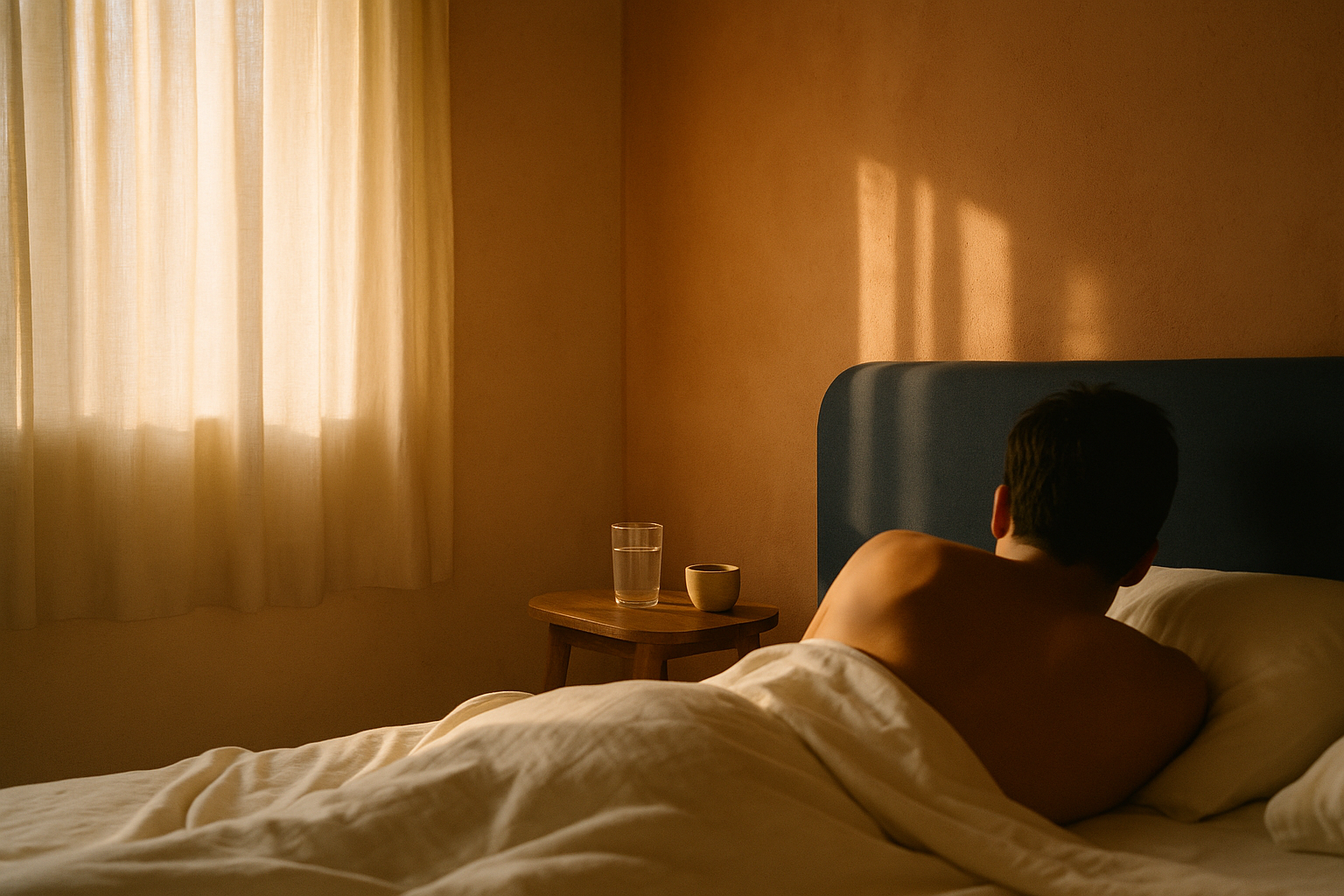 Amanecer cálido en una recámara mexicana minimalista con luz natural dorada. Persona despierta en la cama vista de espaldas, sábanas crema, cabecera azul marino, pared en tonos terracota. Mesita de noche con vaso de agua y taza de cerámica. Luz suave y natural del amanecer iluminando la escena con sombras delicadas. Ambiente tranquilo y sereno, editorial de bienestar