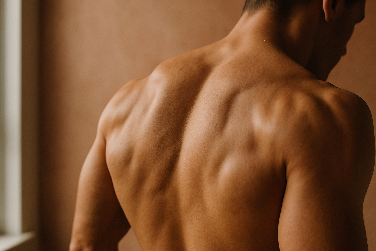 Detalle editorial de espalda y hombro musculoso de un atleta mexicano en reposo, iluminado por luz natural de mañana que destaca la anatomía muscular, fondo desenfocado en tonos terracota, composición fotorrealista para tema de salud y biomarcadores