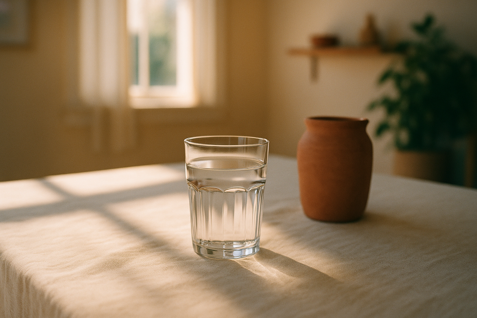 Mesa de madera clara con vaso de agua filtrada en luz natural de mañana, junto a una vasija de cerámica terracota. Composición editorial con profundidad suave, tonos crema y navy, que evoca la purificación y claridad de los riñones sanos. Ambiente cálido y mexicano, sin texto.