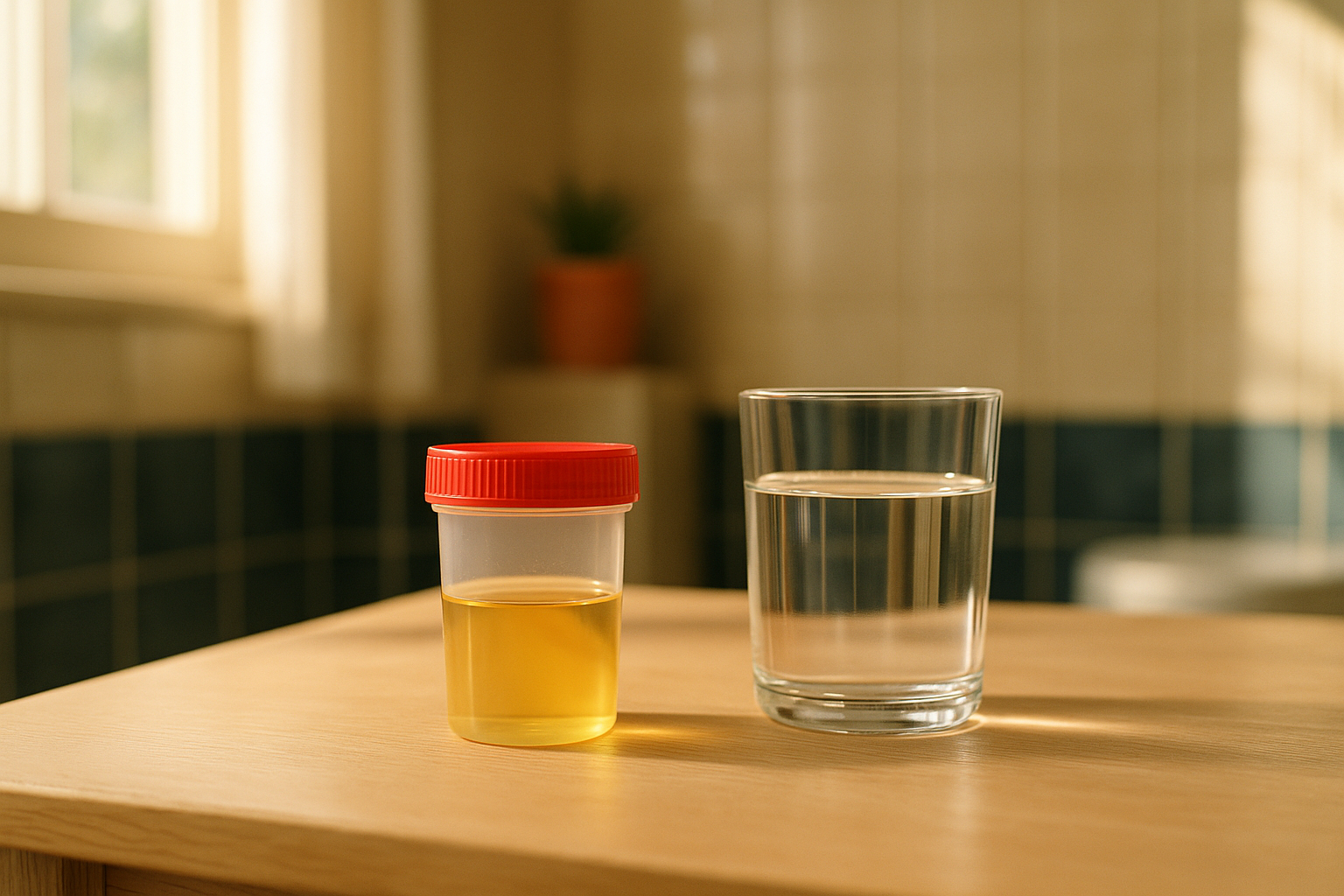 Fotografía editorial realista de laboratorio en baño hogareño: tubo de ensayo con muestra de orina junto a vaso de agua clara sobre mesa de madera clara, luz natural matutina suave, tonos crema y azul marino, sin manos visibles, composición editorial con profundidad suave y sombras naturales, ambiente sereno y clínico a la vez, enfoque mexicano contemporáneo