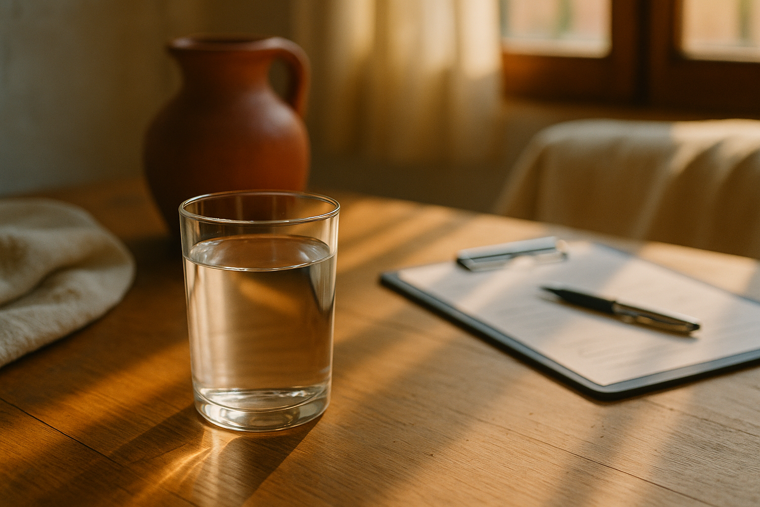 Fotografía editorial realista de salud renal: vaso de agua cristalina sobre mesa de madera en luz natural matutina, con portapapeles médico desenfocado de fondo. Ambiente hogareño mexicano con tonos crema, navy y terracota. Composición cálida y serena que sugiere bienestar y función renal saludable, sin texto ni logos.