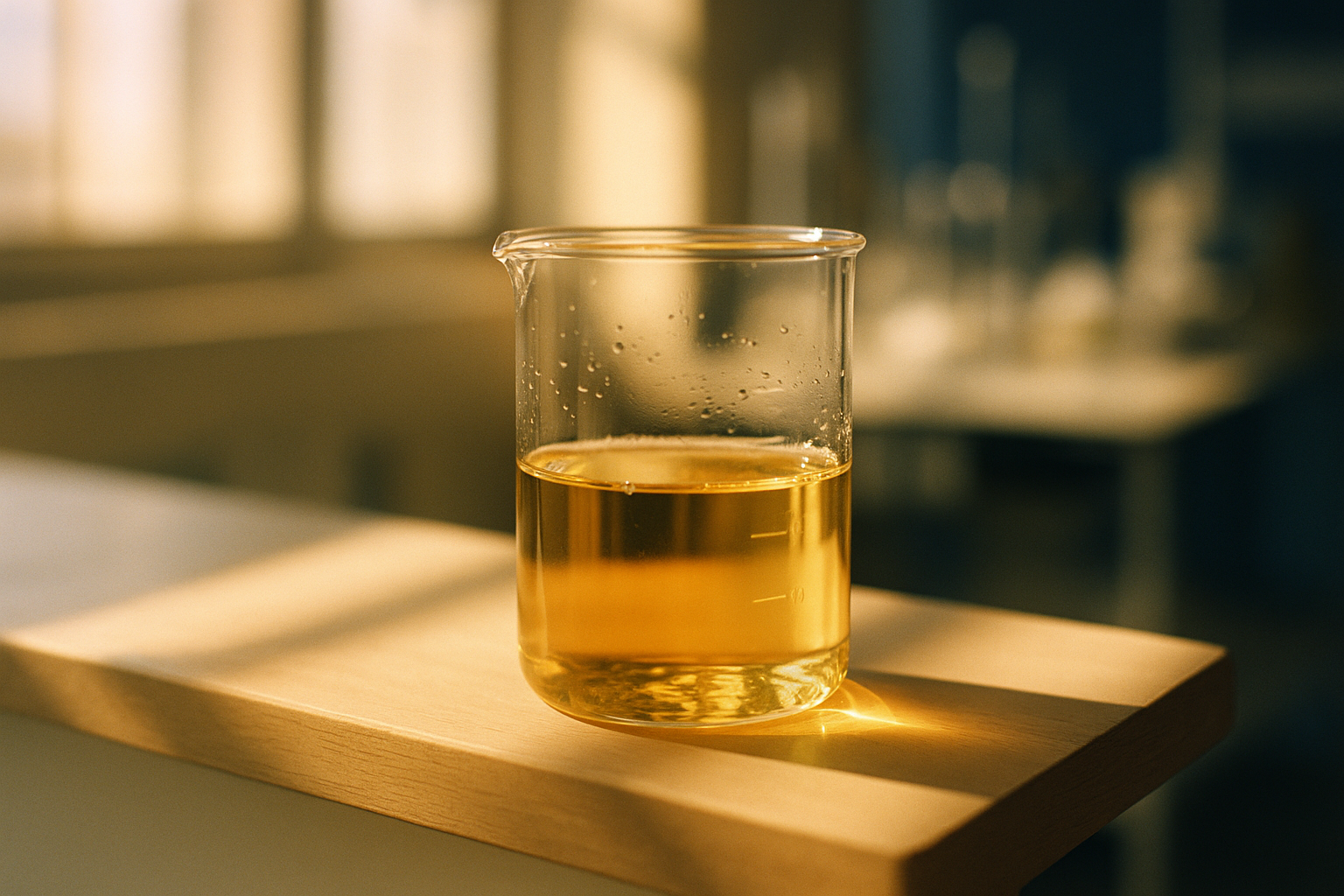 Vaso de laboratorio transparente con muestra de orina de 24 horas en repisas de madera, iluminado por luz natural matutina cálida, sombras azul marino y crema, fondo desenfocado editorial, escena limpia y humanizada que evoca depuración renal mexicana, sin texto ni logos