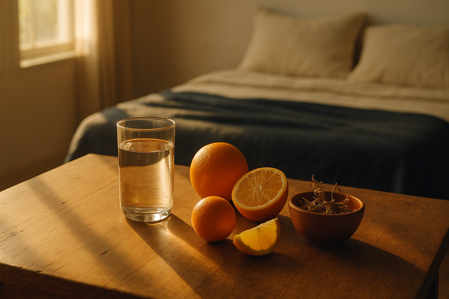 Escena matutina acogedora de una mesa de madera con luz dorada natural, vaso de agua, frutas cítricas frescas y hierbas secas que evocan energía vital, dispuestas sobre lino crema. Al fondo, respaldos de cama en tonos navy y neutros. Composición editorial con profundidad suave y sombras balanceadas, ambiente de bienestar sereno con esencia mexicana.