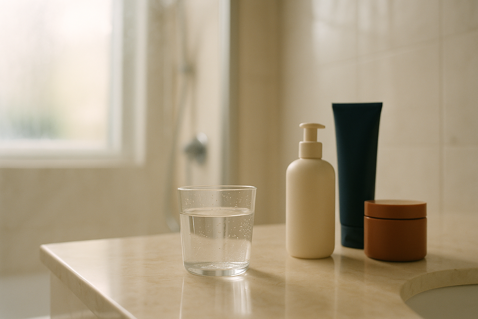 Escena minimalista de baño al amanecer con luz natural suave, mostrando un vaso de agua sobre mármol pulido, botellas de cerámica y productos de bienestar en tonos crema, azul marino y terracota. Fotografía editorial cálida y serena que evoca la belleza y el autocuidado, típica de revistas mexicanas de salud y bienestar.