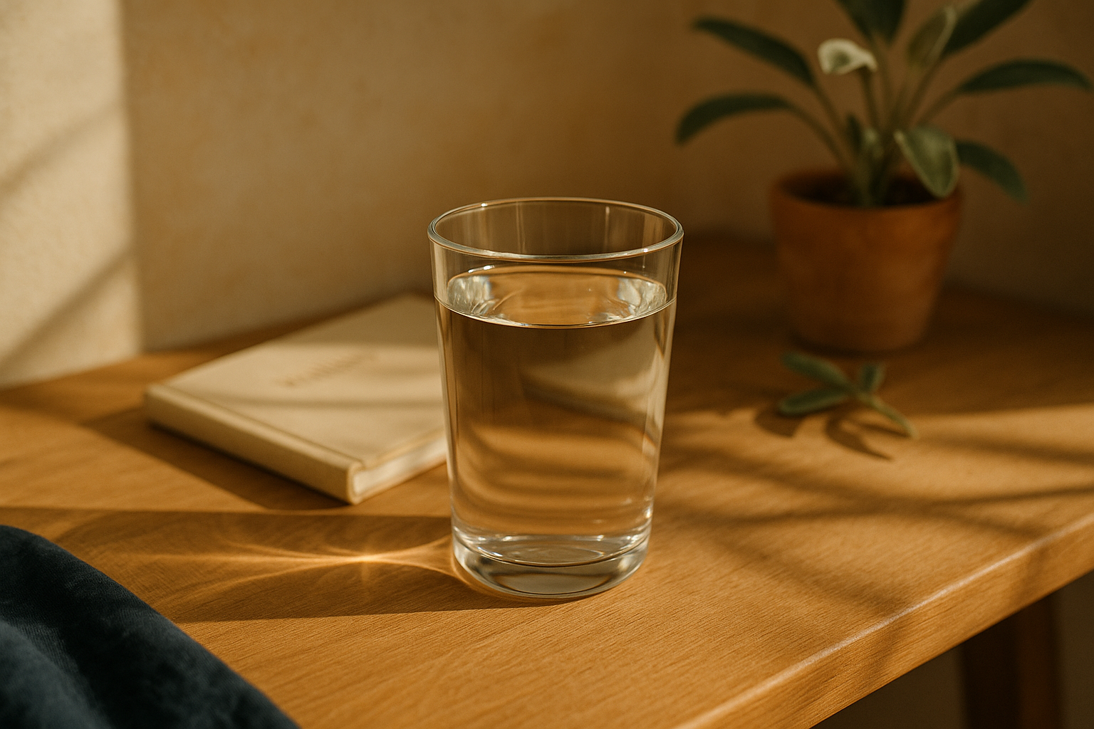 Fotografía editorial realista de una escena matutina de bienestar: vaso de agua mineral cristalina sobre superficie de madera natural con luz solar suave, reflejos delicados, fondo desenfocado con elementos de wellness, tonos azul navy y crema equilibrados, luz natural de mañana con sombras direccionales, composición serena que evoca el equilibrio interno del cuerpo.