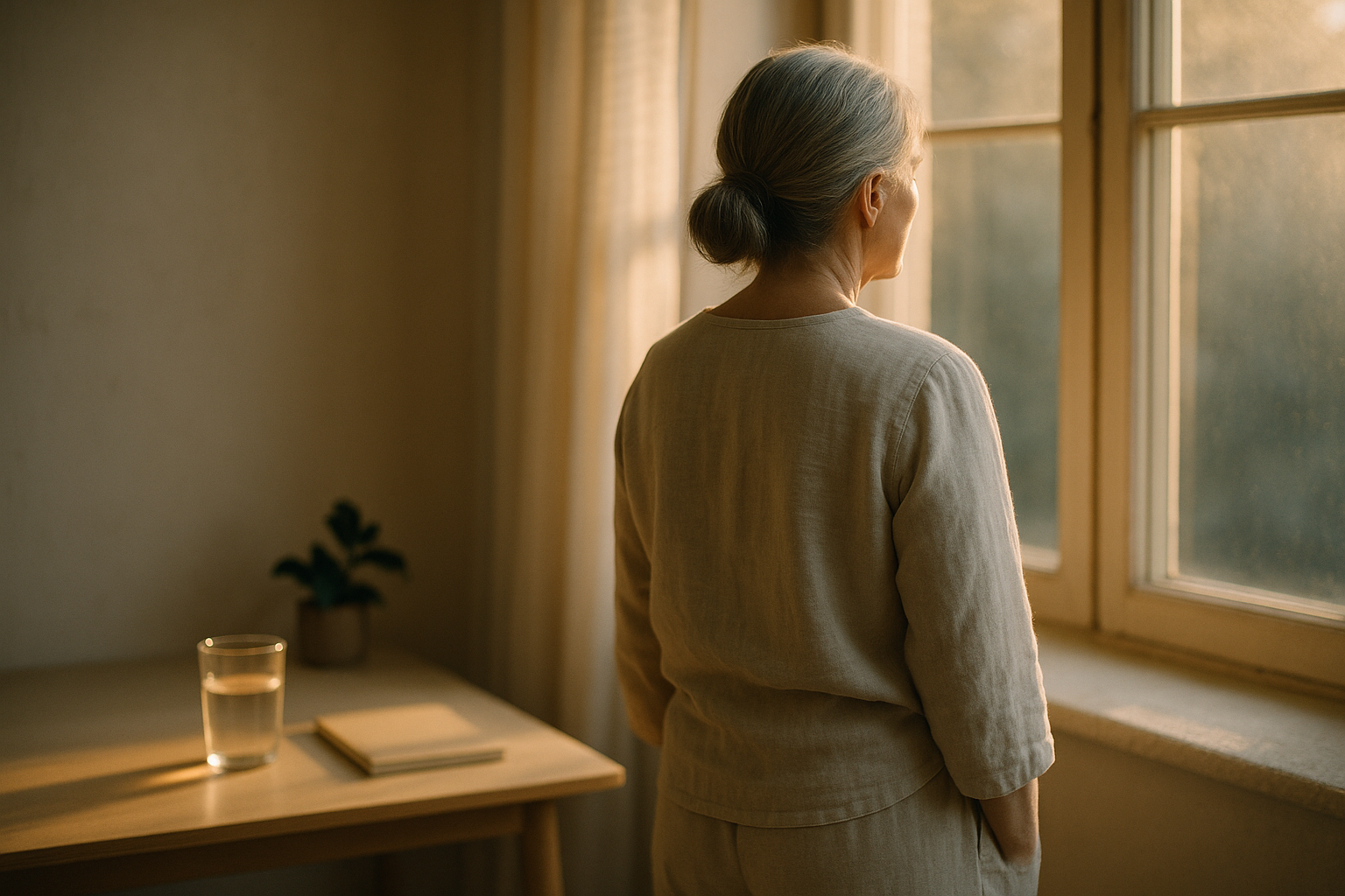 Mujer de mediana edad de espaldas junto a una ventana con luz matinal dorada, en una escena serena y minimalista. Una copa de agua fresca sobre una mesa de madera captura la luz del amanecer, evocando salud interna y vitalidad biológica. Fotografía editorial cálida en tonos crema y azul marino, con luz natural direccional que sugiere renovación y bienestar desde adentro