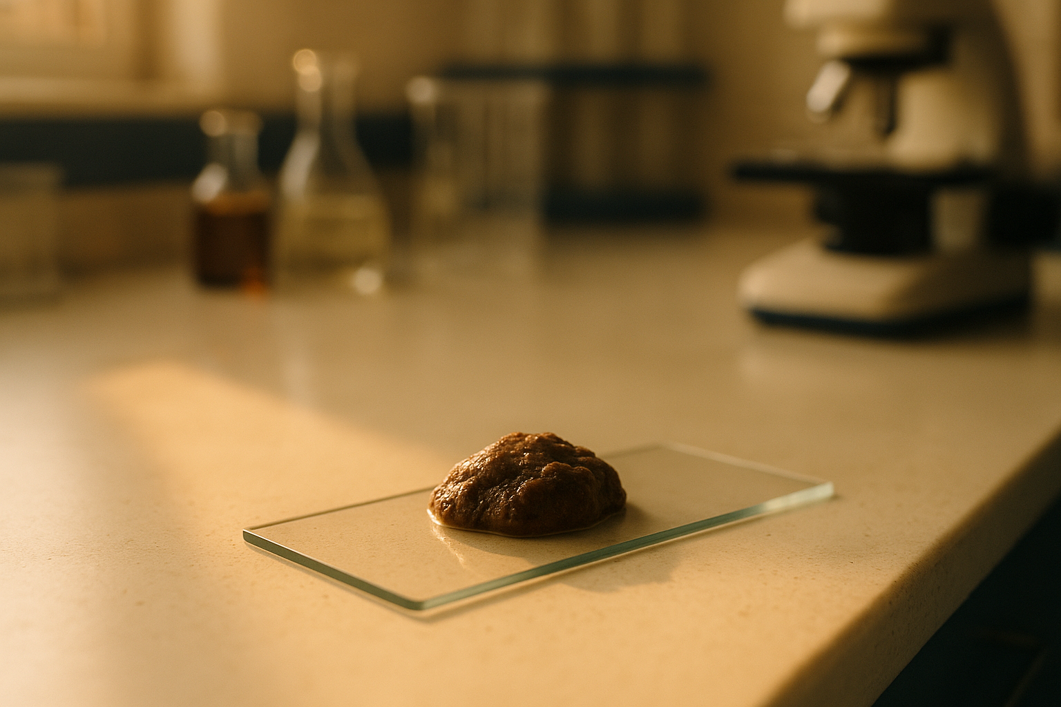 Portaobjetos de laboratorio con muestra de heces bajo luz cálida de mañana, microscopio desenfocado en el fondo, composición íntima y científica, tonos terracota y crema, espacio de trabajo limpio, ambiente de laboratorio clínico mexicano sin frialdad artificial