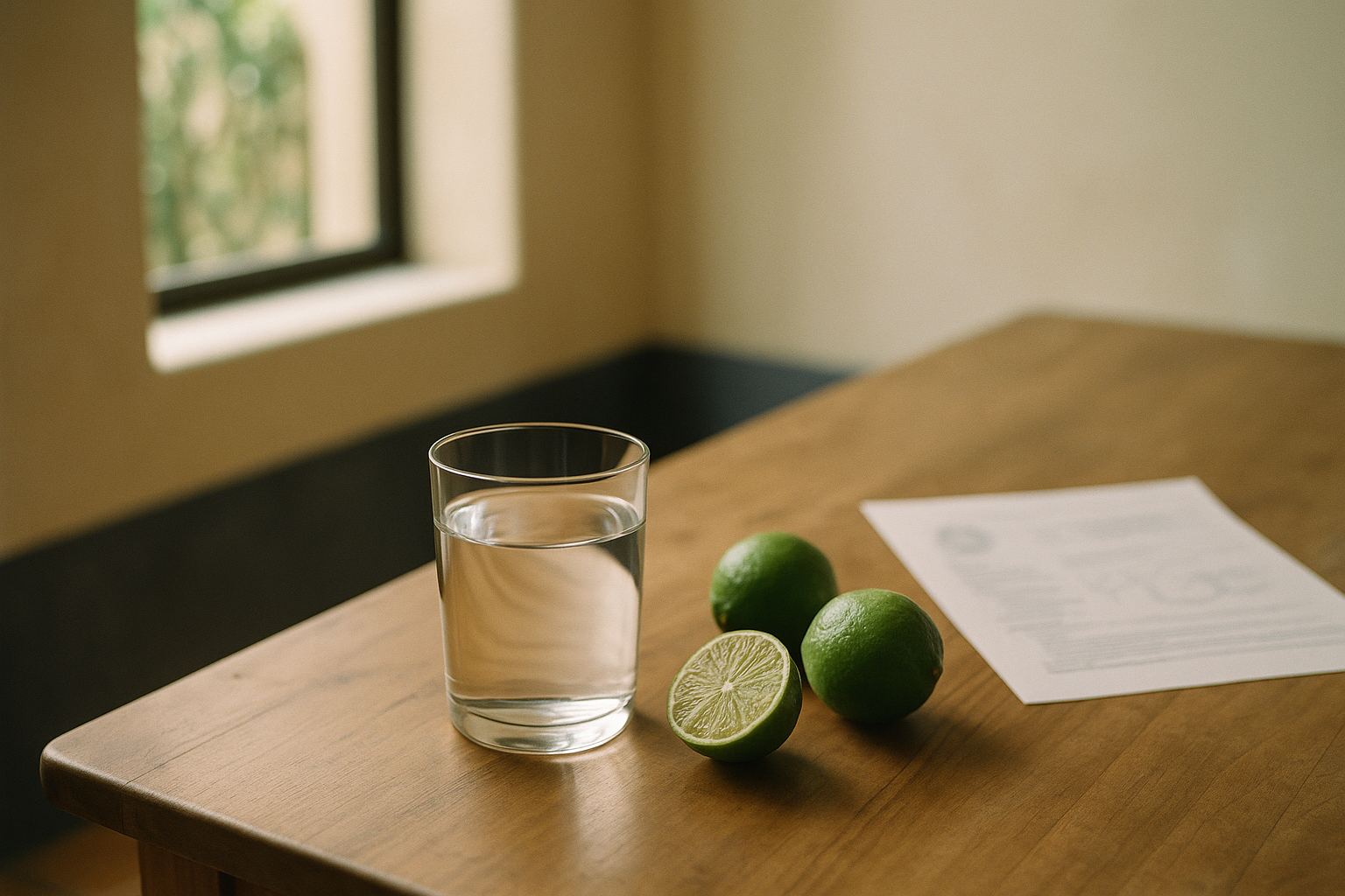 Escena matutina en una casa mexicana con mesa de madera iluminada por luz natural. Un vaso de agua cristalina y limas frescas sobre la mesa, evocando bienestar y salud preventiva. Tonos crema y azul marino, composición editorial minimalista que sugiere análisis de sangre y cuidado médico.