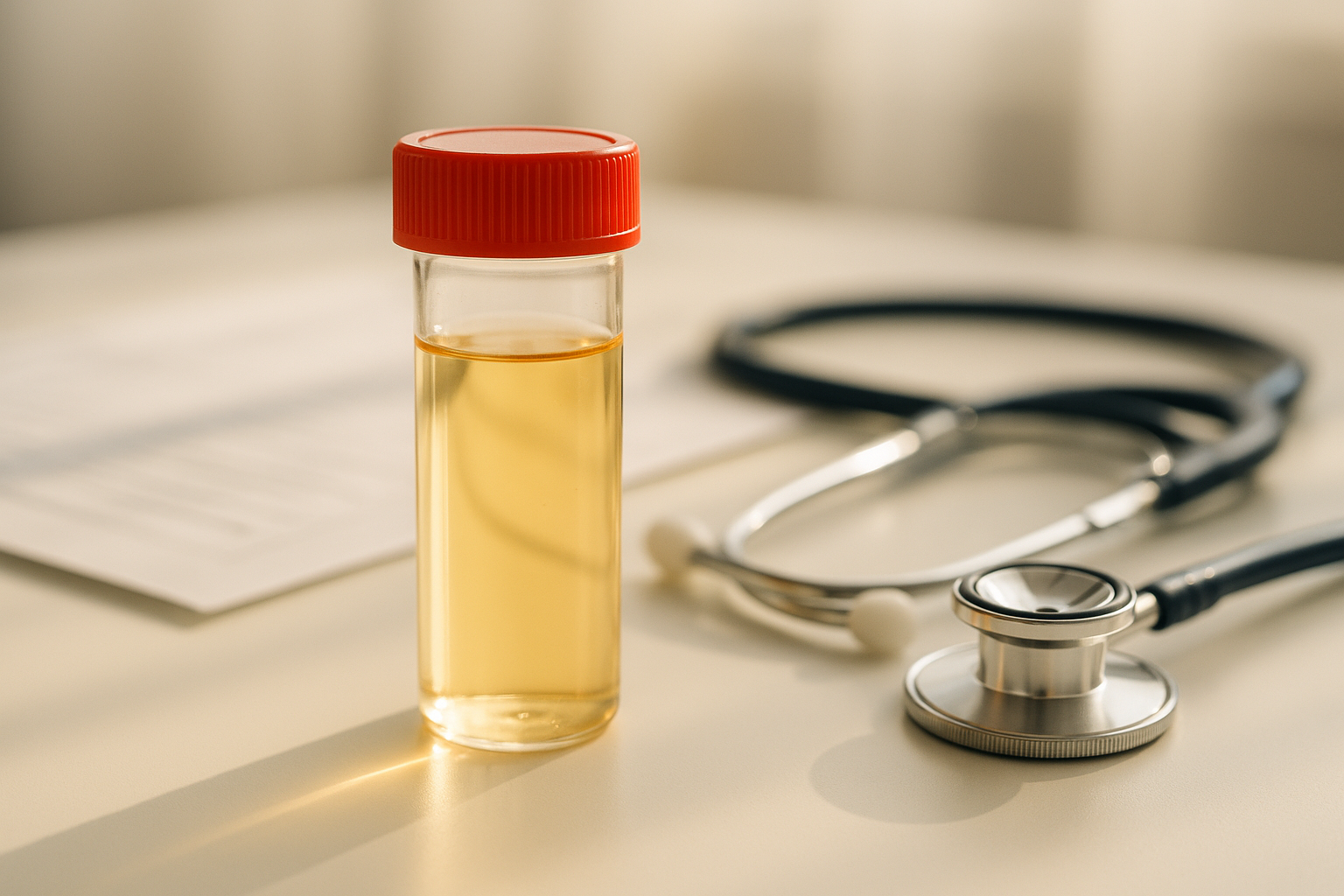 Frasco de vidrio con muestra de orina para análisis de eritrocitos, sobre superficie blanca de laboratorio, iluminado por luz natural matutina cálida, con documentos médicos desenfocados y estetoscopio al fondo, fotografía editorial de estilo clínico pero humano, tonos crema y azul marino, perspectiva profesional mexicana de salud