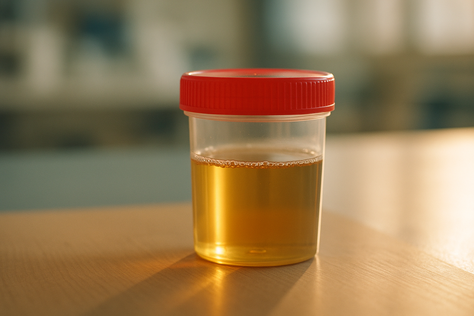 Primer plano fotorrealista de una tira reactiva de orina o muestra de laboratorio sobre una mesa de madera con luz natural de mañana, tonos crema y azul marino. Fotografía editorial médica sin manos visibles, con enfoque suave y atmósfera profesional pero acogedora, típica de consultorios mexicanos.