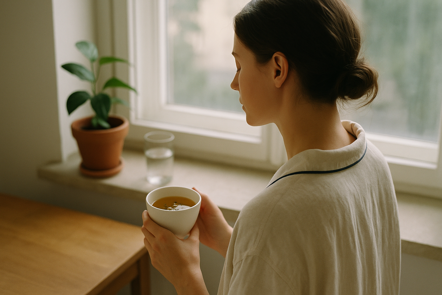 Fotografía editorial de una mujer serena en luz natural de mañana, de espaldas, junto a una ventana con taza de té en el alféizar. Composición minimalista con telas en crema, acentos navy, maceta de terracota con plantas verdes y vaso de agua sobre madera. Luz natural direccional, profundidad de campo suave, ambiente de bienestar y vitalidad, enfoque mexicano cálido y auténtico.