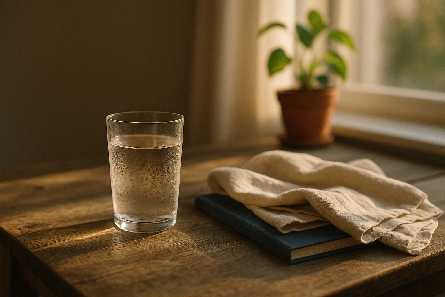 Fotografía editorial realista de una escena matutina de bienestar: un vaso de agua cristalina con gotas de condensación reposa sobre una mesa de madera envejecida, bañada por la luz dorada y direccional de la mañana que entra por la ventana. Textiles de lino en tonos crema y navy se distribuyen suavemente alrededor, junto a una planta verde que captura la luz con movimiento vital. La composición transmite equilibrio hormonal natural y energía serena, sin figuras humanas, con enfoque suave y estética de 35mm. Paleta neutral con acentos de terracota que evocan salud reproductiva y vitalidad hormonal en la tradición del bienestar mexicano.