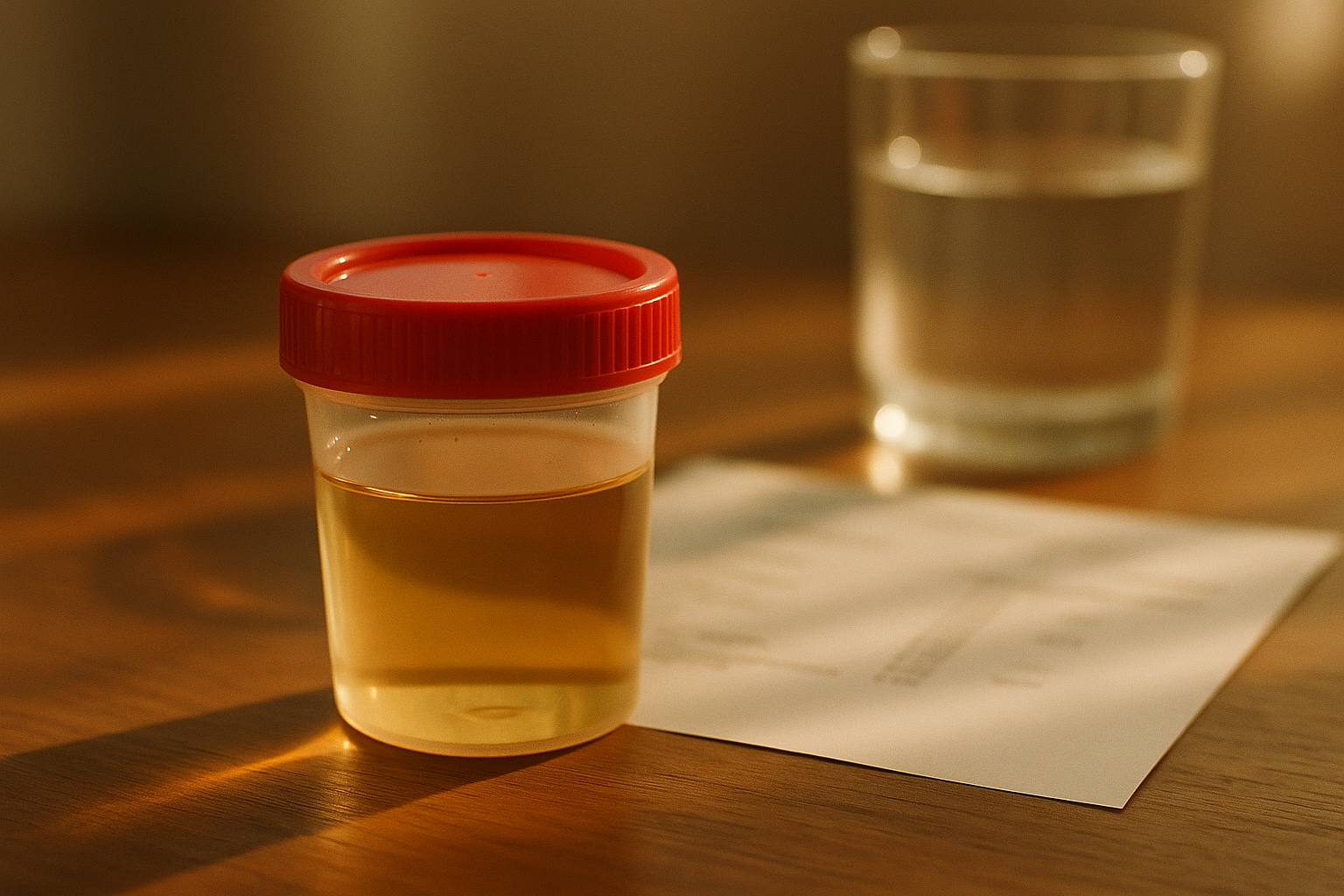 Fotografía editorial realista de un vaso de muestra de laboratorio con espécimen de orina clara sobre superficie de madera cálida, luz natural matutina, copa de agua y documentos médicos desenfocados al fondo, atmósfera de bienestar clínico mexicano, sin texto ni logos