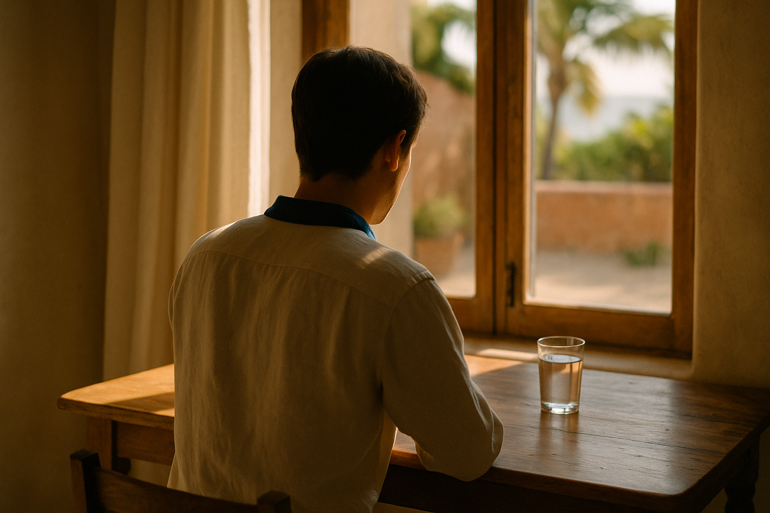 Una persona de espaldas sentada en una mesa de madera clara, observando un vaso de agua fresca bajo la luz matinal cálida que entra por la ventana de una casa mexicana acogedora, con tonos crema y navy en textiles naturales, atmósfera tranquila y reflexiva que evoca el bienestar y la salud integral