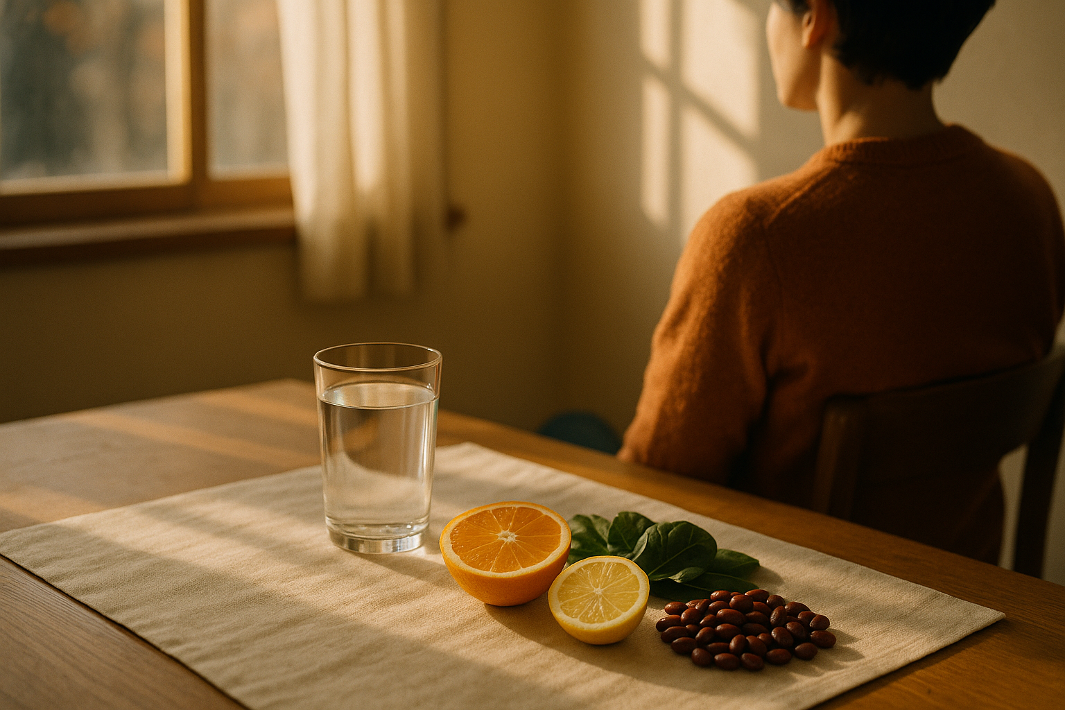Escena matutina mexicana con luz natural cálida: escritorio de madera clara con vaso de agua clara, frutos cítricos frescos y alimentos ricos en hierro como espinacas y frijoles rojos sobre mantel crema. Persona de espaldas en suéter calientito, mirando hacia la ventana. Tonos terracota y navy, composición serena y editorial, sin texto ni marcas comerciales.