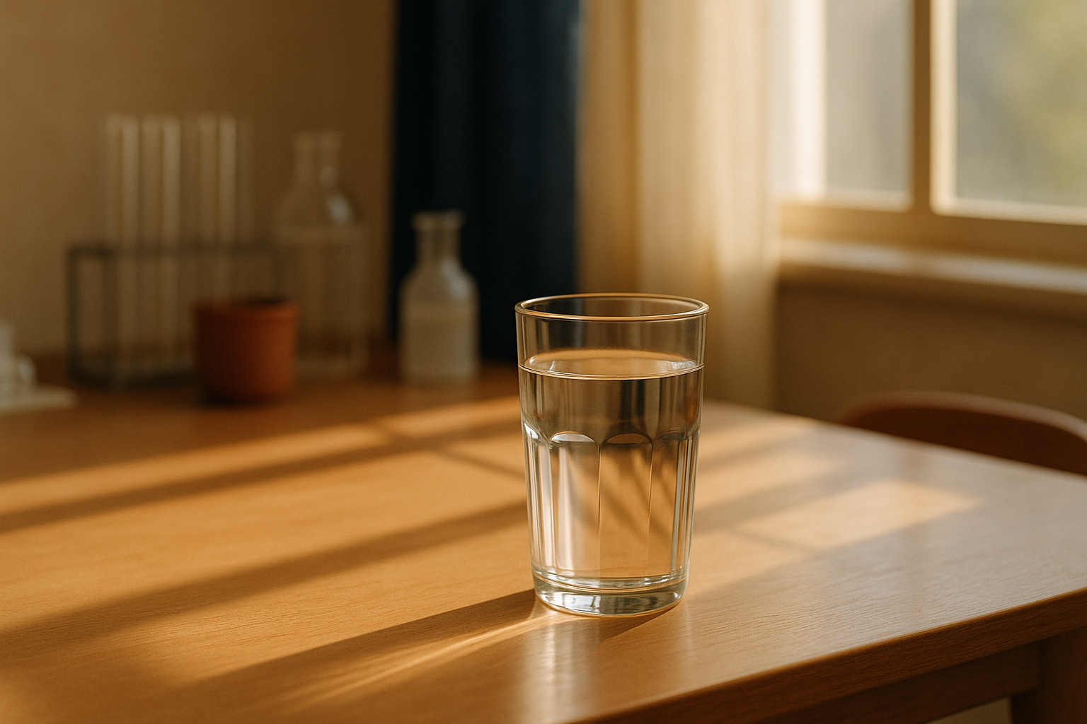 Fotografía editorial realista de una escena serena por la mañana: un vaso de agua con luz natural suave filtrándose por la ventana, sobre una mesa de madera minimalista. Tonos cálidos crema, azul marino y terracota. Fondo difuso con elementos de laboratorio médico. Luz natural mexicana, composición terapéutica que representa el concepto de degradación y renovación corporal.