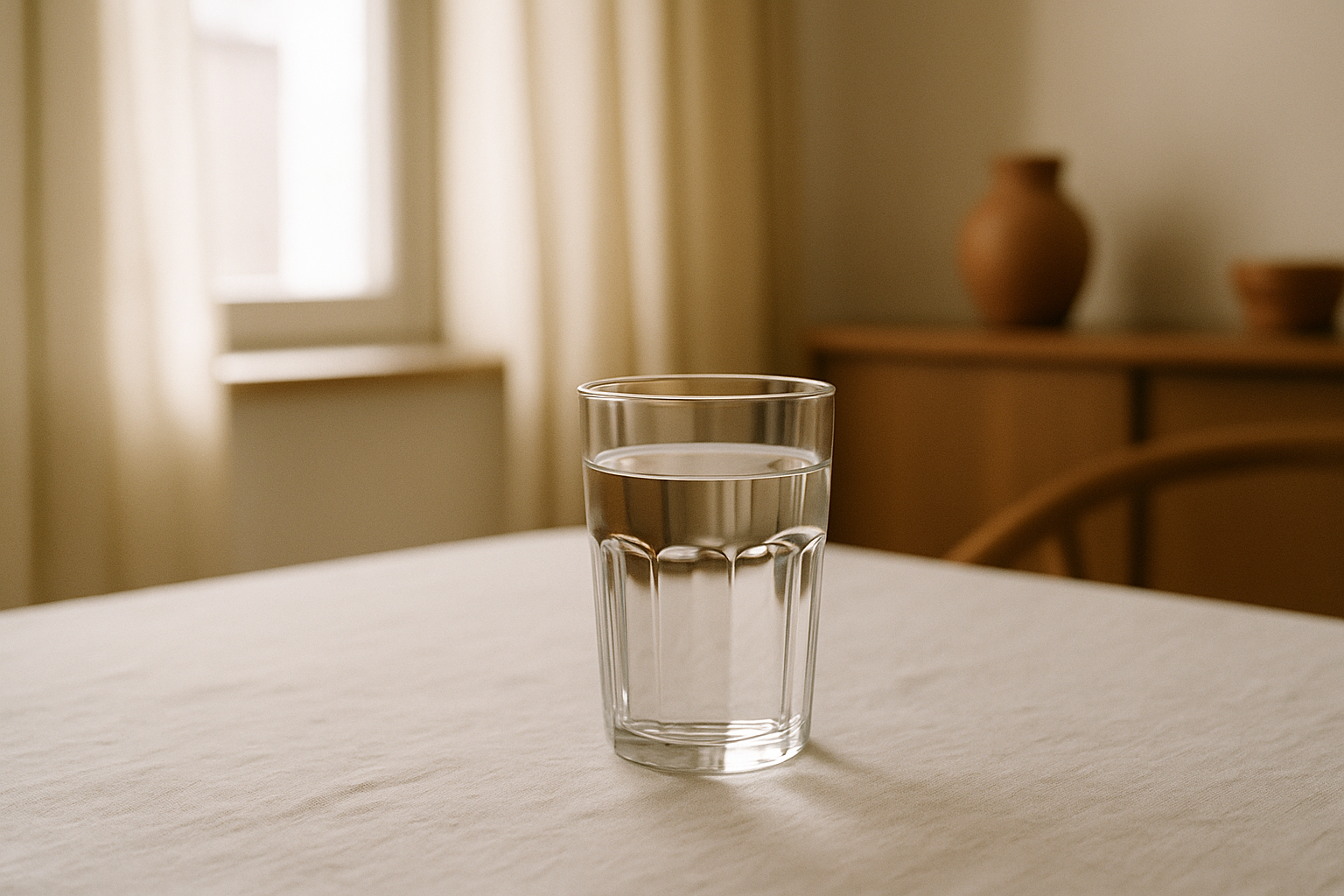 Fotografía editorial realista de una escena matutina serena: vaso transparente con agua sobre mantel de lino claro, luz natural cálida que entra por la ventana, paleta de tonos crema, azul marino y terracota suave, composición lifestyle minimalista con profundidad de campo somera, enfoque en bienestar y salud natural, sin elementos clínicos ni fríos, estética mexicana de tranquilidad y cuidado del cuerpo