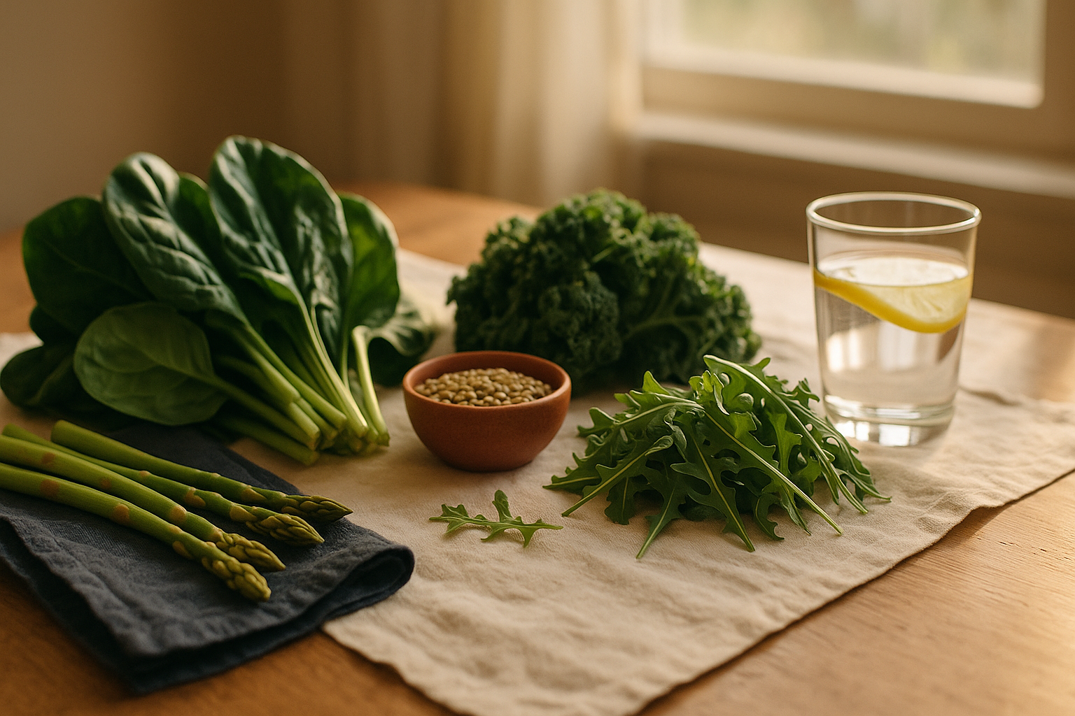 Fotografía editorial de bienestar sobre folato: mesa de madera cálida bañada por luz natural matutina, con verduras frescas de hoja verde como espinaca y arúgula, espárragos dispersos, un pequeño recipiente de cerámica con lentejas y un vaso con agua y limón. Tonos crema, azul marino y terracota. Enfoque suave y profundidad selectiva que resalta la textura de los alimentos frescos, evocando nutrición y cuidado de la salud reproductiva.