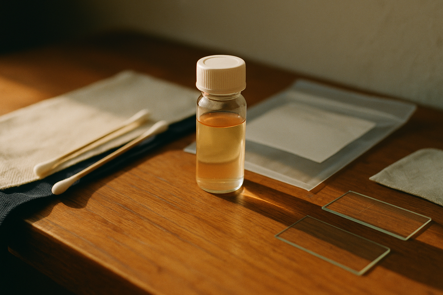 Fotografía editorial realista de un laboratorio de análisis clínicos mexicano con luz natural de mañana. Se aprecia un frasco de vidrio con líquido traslúcido ámbar sobre una superficie de madera cálida, rodeado de herramientas médicas estériles como hisopos y portaobjetos, sobre texturas en tonos crema y azul marino. Luz direccional suave, composición con profundidad editorial, sin gestos ni manos prominentes, atmósfera de laboratorio de salud accesible.