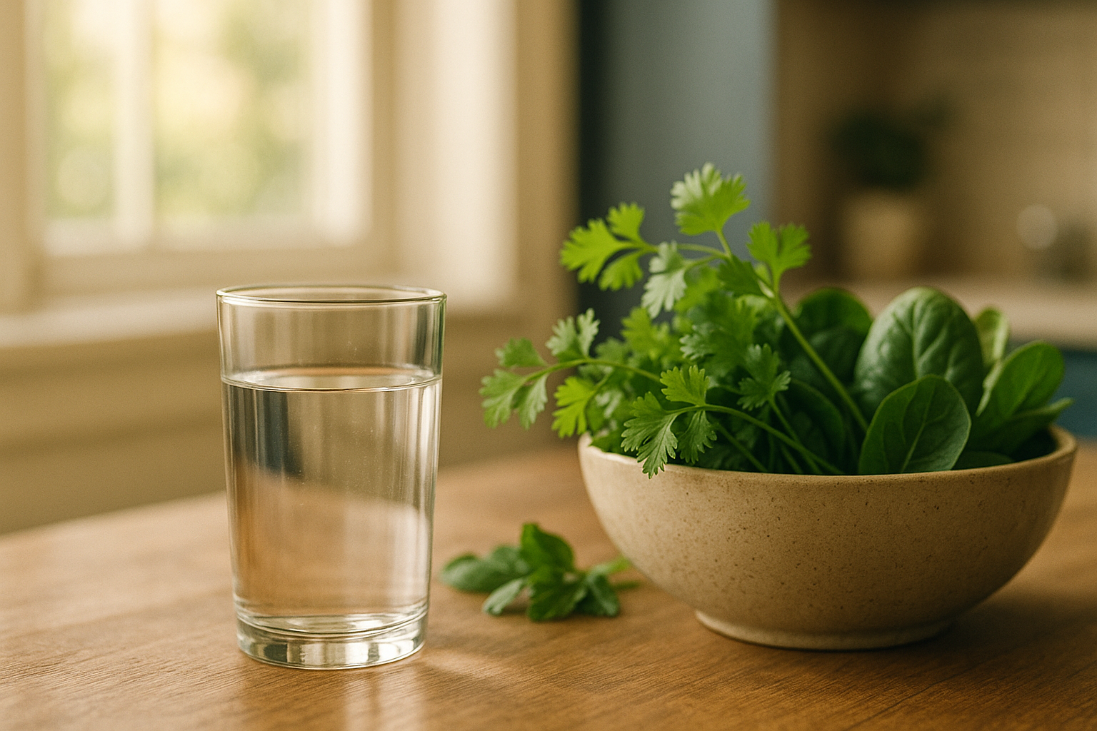 Fotografía editorial en luz natural de la mañana: vaso de agua mineral transparente sobre mesa de madera, acompañado de verduras frescas y cilantro, con ventana soleada desenfocada al fondo, tonos crema y navy, composición limpia y minimalista que evoca bienestar natural y salud ósea, estilo editorial mexicano de bienestar