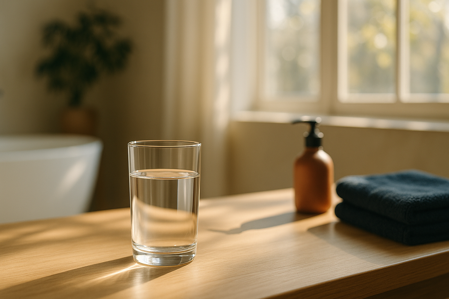 Fotografía editorial realista de un vaso de agua cristalina sobre superficie de madera natural, iluminado por luz matutina cálida que entra por ventana. Fondo suave desenfocado con tonos neutros, azules oscuros y detalles terracota. Representa la hidratación y la salud celular. Composición serena y científica sin personas, con profundidad de campo somera típica de fotografía profesional mexicana de bienestar.