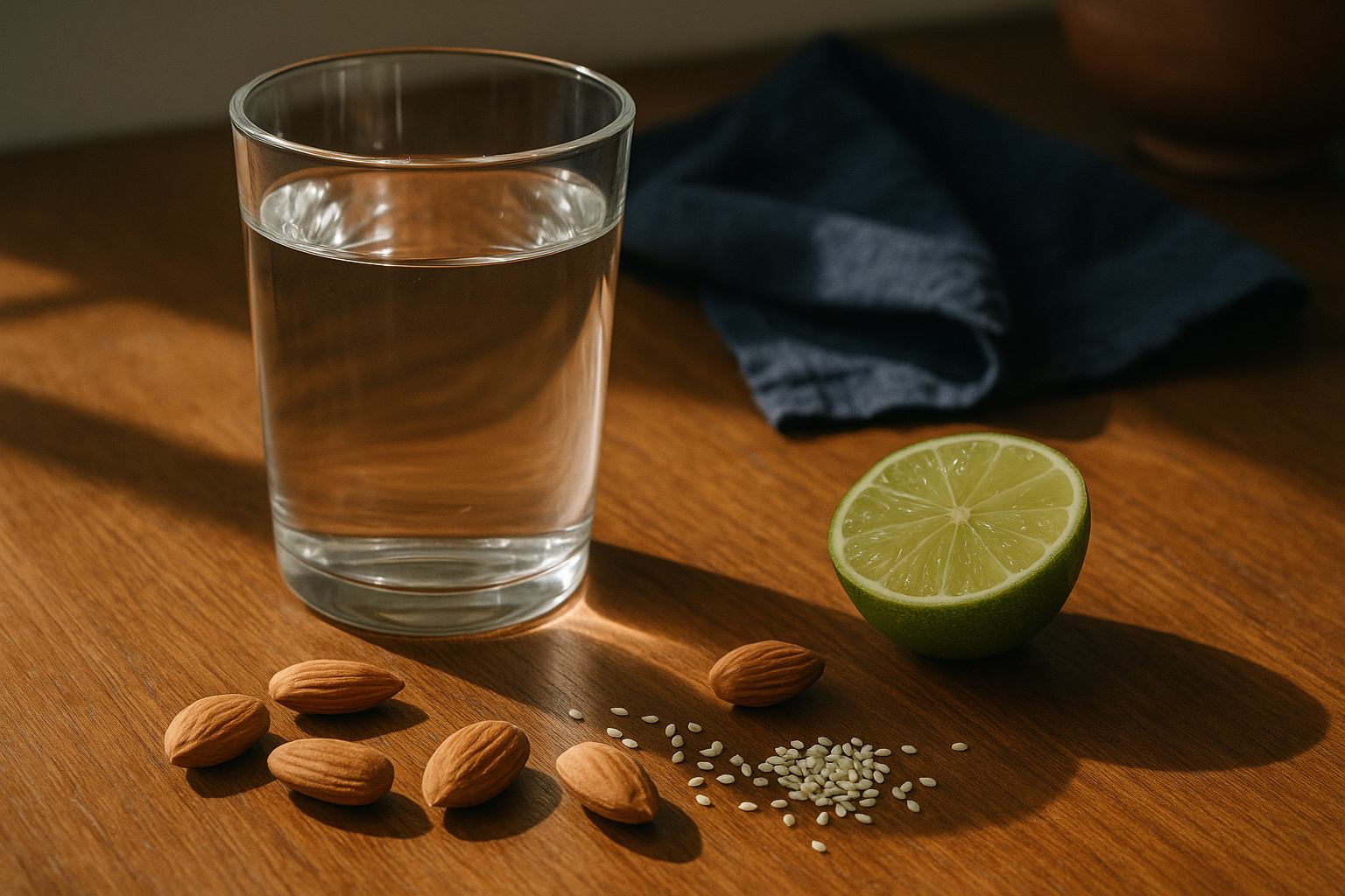Composición editorial de bienestar: vaso transparente con agua fresca iluminado por luz matutina natural, acompañado de almendras, semillas de ajonjolí blanco y limón fresco sobre mesa de madera cálida, con tonos navy y terracota de fondo desenfocado, evocando nutrientes naturales para huesos y energía