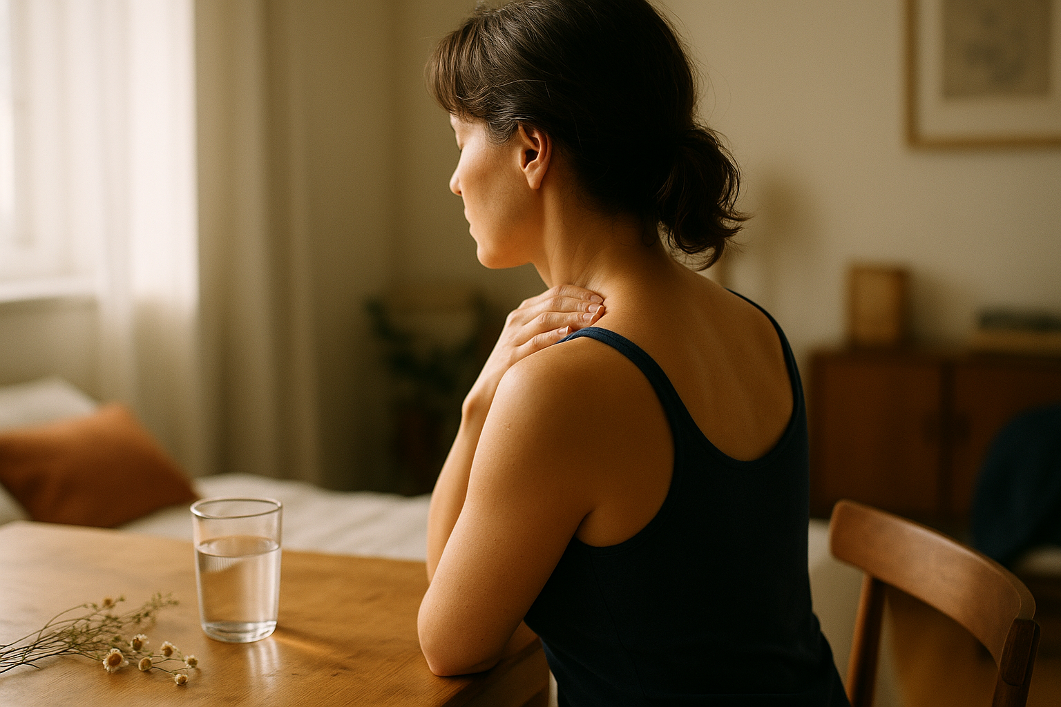 Mujer en una habitación cálida iluminada por luz natural matutina, de espaldas junto a una mesa de madera con un vaso de agua y plantas secas medicinales, paleta de tonos crema, azul marino y terracota, composición editorial sobre ciclo hormonal y fertilidad femenina, fotografía realista sin manos visibles en primer plano