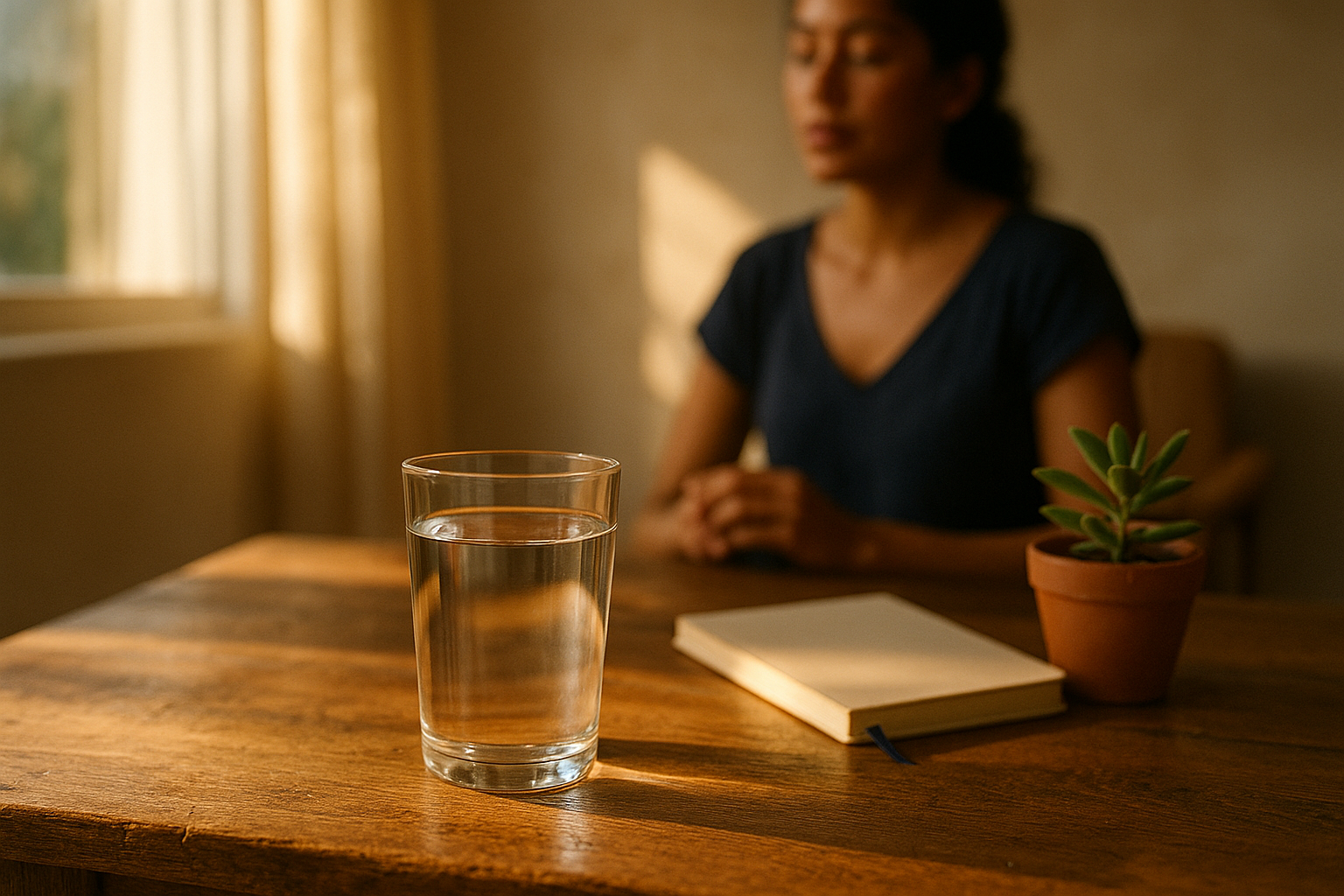 Mesa de madera con luz natural de mañana, vaso de agua cristalina y cuaderno abierto. Al fondo desenfocado, silueta de persona de espaldas. Tonos crema, azul marino y terracota. Estética de bienestar mexicana, fotografía editorial de salud sin texto ni logos.