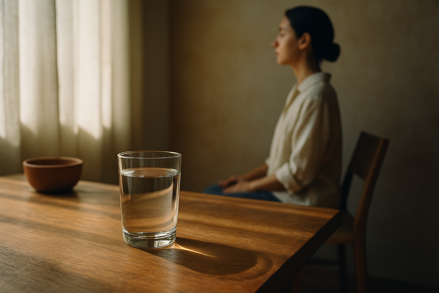 Fotografía editorial fotorrealista de una mañana serena con un vaso transparente de agua sobre una mesa de madera cálida, bañada en luz natural suave. Al fondo desenfocado, una figura sentada en postura tranquila y centered. Paleta de tonos crema, azul marino y terracota. Luz matinal direccional creando sombras suaves. Composición editorial con profundidad y calidez mexicana, sin manos en primer plano, sin texto ni logos.