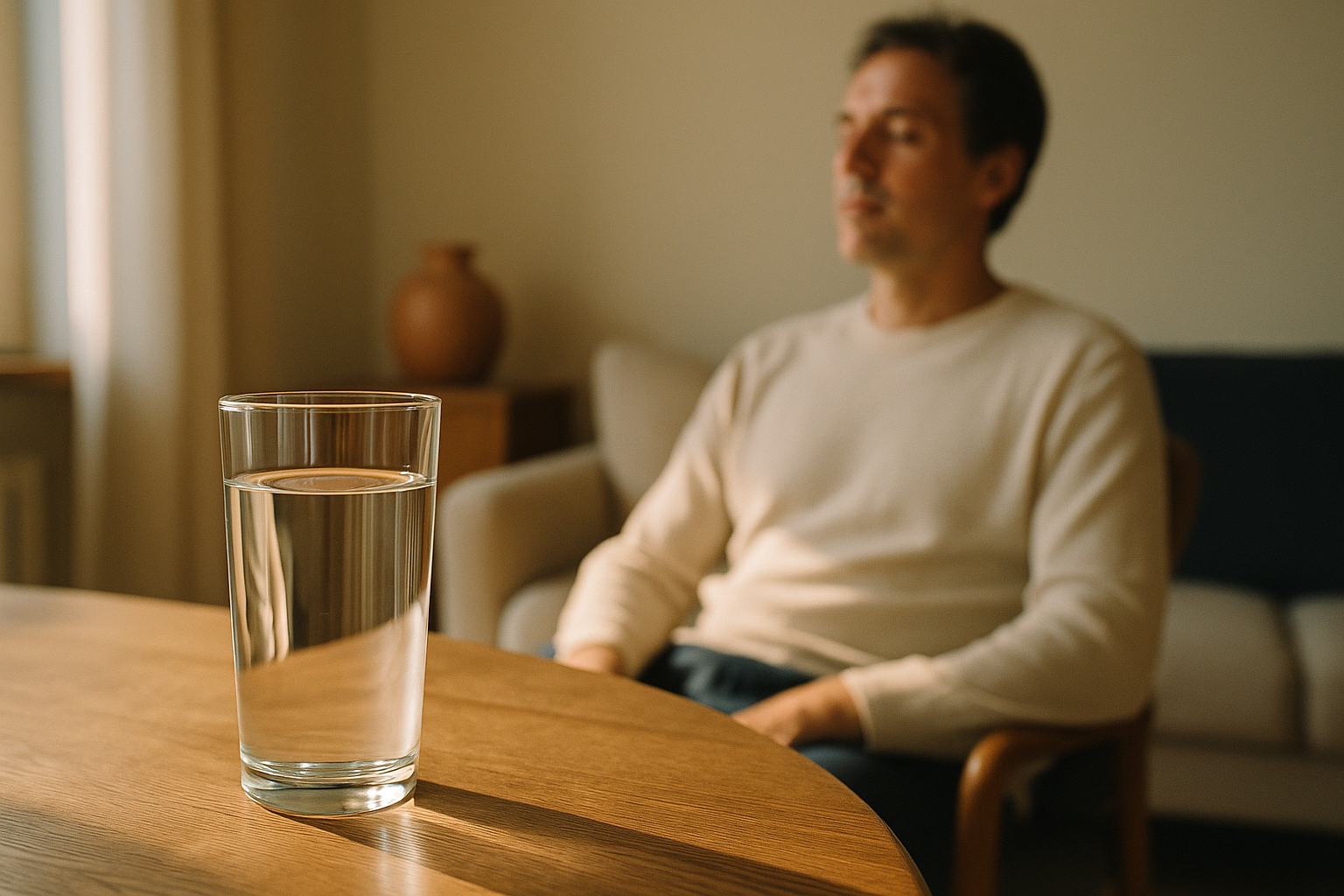 Fotografía editorial matutina con vaso de agua cristalina en mesa de madera, luz natural suave entrando lateralmente, persona en fondo desenfocado sentada con hombros relajados en sala hogareña cálida con tonos crema y navy, ambiente de bienestar y reflexión personal, sin elementos médicos ni clínicos, estilo fotorrealista sereno mexicano