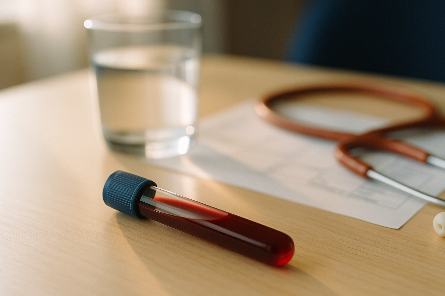 Frasco de análisis de sangre lleno de sangre roja intenso descansando sobre una mesa de madera color crema con luz natural matutina. Un vaso de agua limpia y notas médicas desenfocadas atrás, composición editorial de bienestar con tonos navy y terracota, fotografía médica realista que comunica la importancia del conteo de glóbulos rojos.