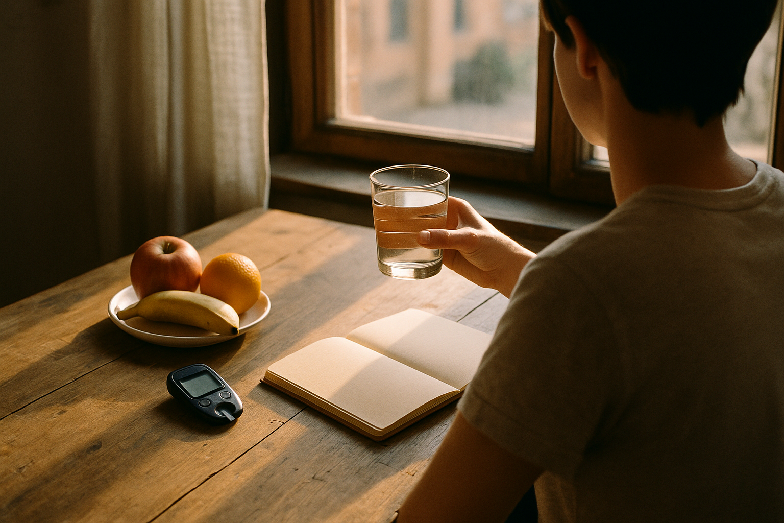 Mujer mexicana desayunando fruta en la cocina de su casa con luz de mañana, ambiente cálido