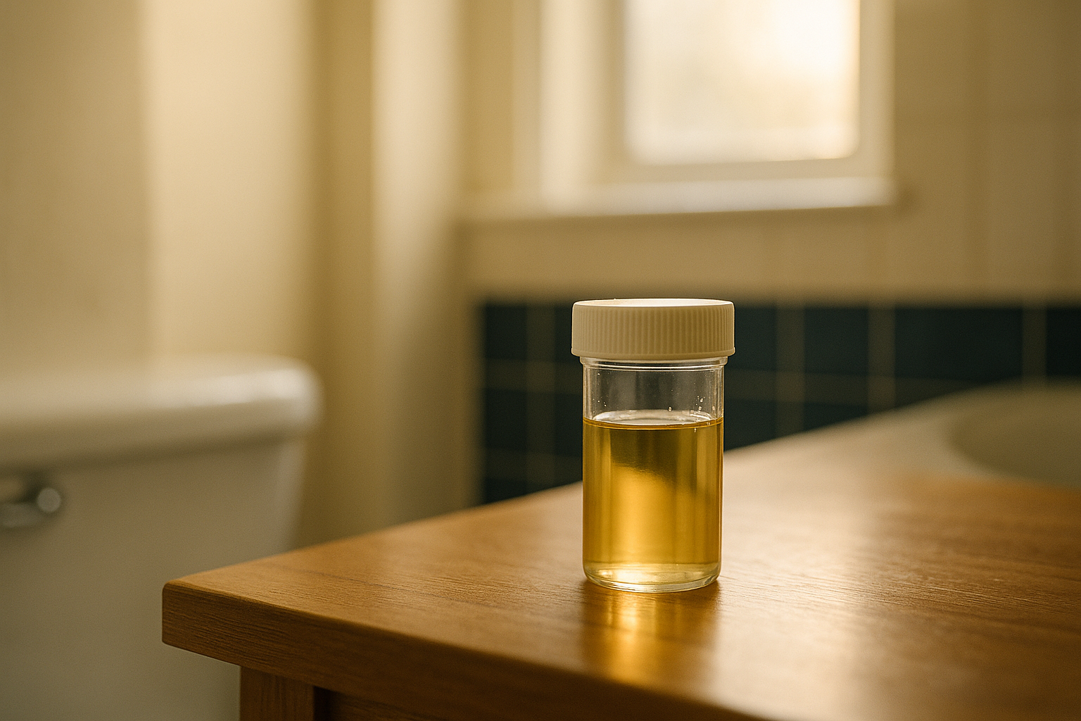 Muestra de orina en frasco de vidrio transparente sobre mesón de madera en baño mexicano, iluminada por luz natural de mañana, tonos cálidos crema y azul marino, composición minimalista editorial enfocada en el líquido y la luz difusa, ambiente de atención a la salud discreto y hogareño