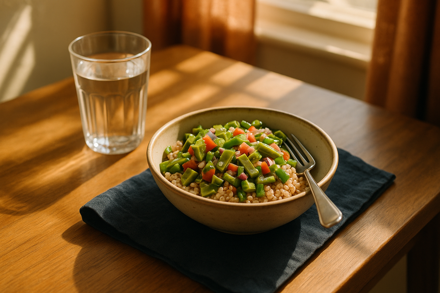 Mesa de madera con luz natural de mañana, vaso de agua y plato con ensalada de nopales y granos integrales, composición desde arriba, tonos crema, azul marino y terracota, fotografía editorial de bienestar y nutrición mexicana