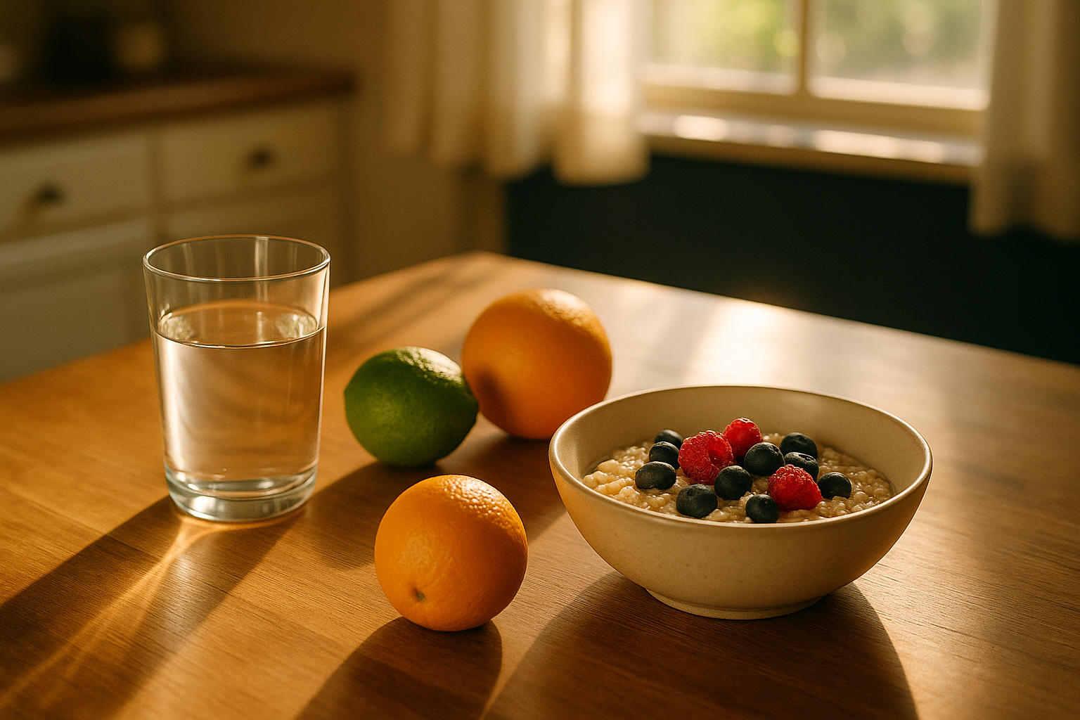 Mesa de madera mexicana iluminada por luz natural de mañana, con un vaso de agua fresca, frutos cítricos (limón y naranja), y un plato de avena con bayas. Composición de fotografía editorial que evoca bienestar y balance metabólico, con tonos cálidos crema y azul marino, sin texto ni marcas.