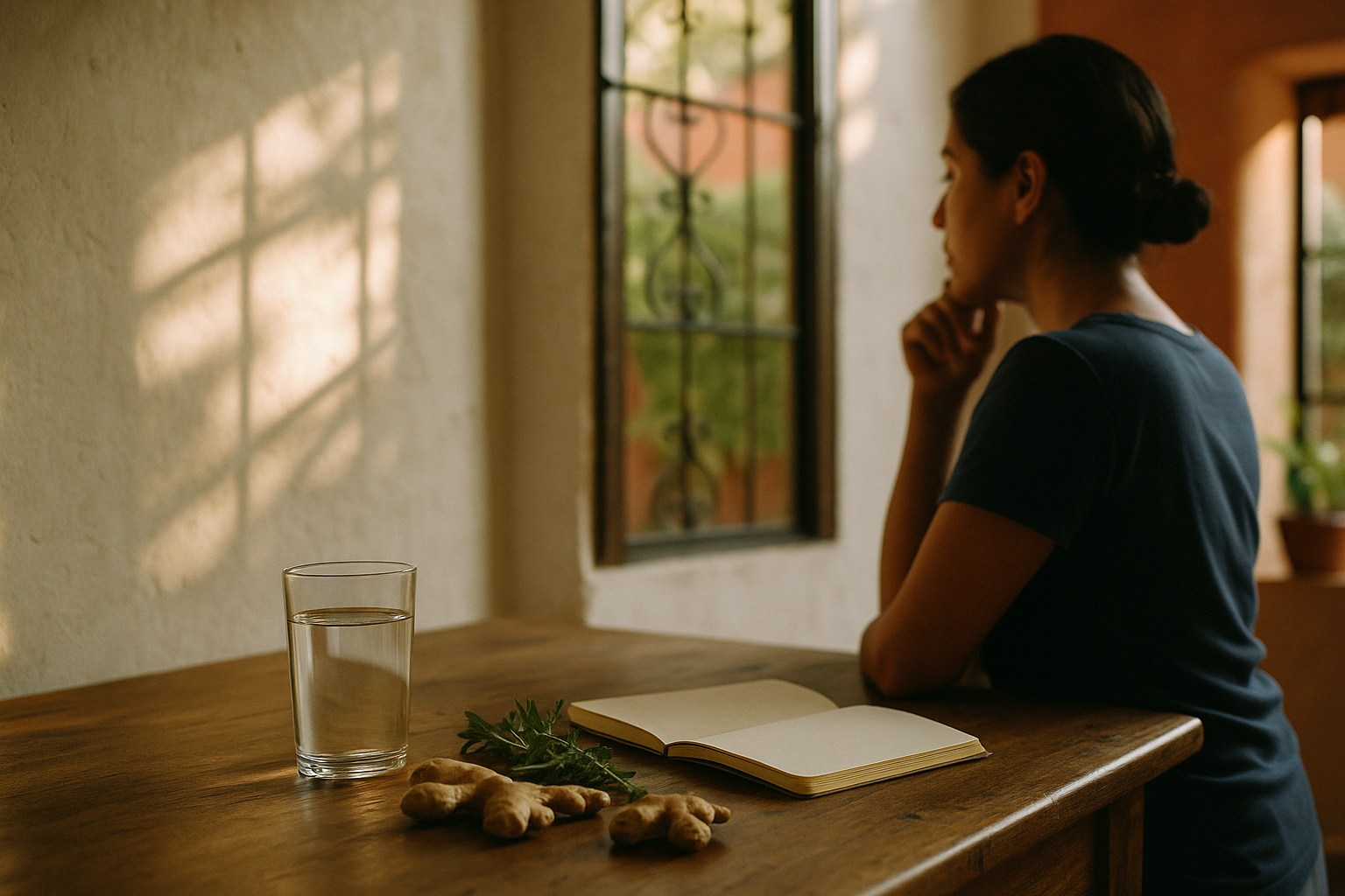 Fotografía editorial de bienestar mostrando una mesa de madera mexicana bañada por la luz natural de la mañana, con un vaso de agua fresca, un cuaderno y hierbas aromáticas, transmitiendo calma y autocuidado del hígado estresado, composición íntima sin personas en primer plano.