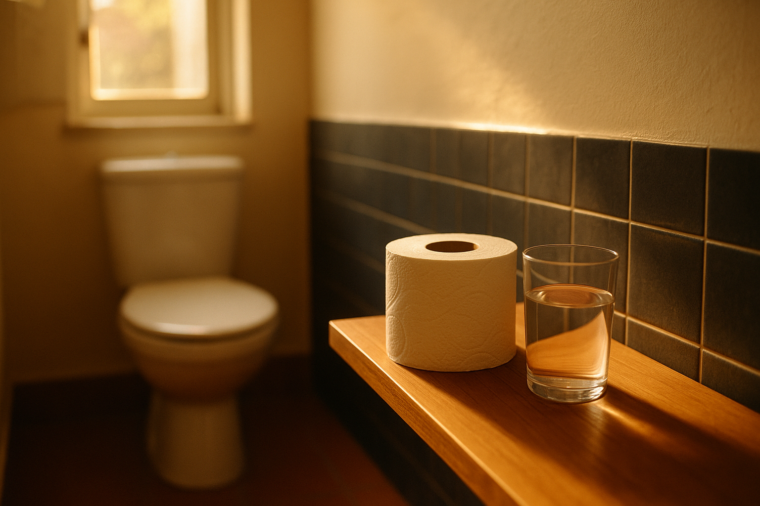 Escena de baño cálida al amanecer con luz natural suave, papel de baño y vaso de agua sobre repisa de madera, tonos tierra crema y azul marino, fotografía editorial intimista que sugiere bienestar digestivo y awareness corporal en contexto mexicano de salud preventiva
