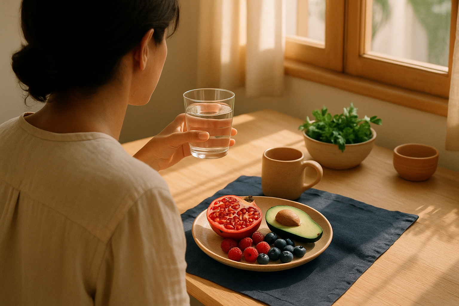 Escena de bienestar por la mañana: persona de espaldas en mesa de madera clara junto a ventana, con vaso de agua fresca y frutas frescas (aguacate, granada, frutos rojos) sobre mantel azul marino. Luz natural cálida filtrándose suavemente, creando sombras suaves. Paleta de colores crema, azul marino y terracota. Estética de bienestar mexicana, ambiente hogareño y acogedor.
