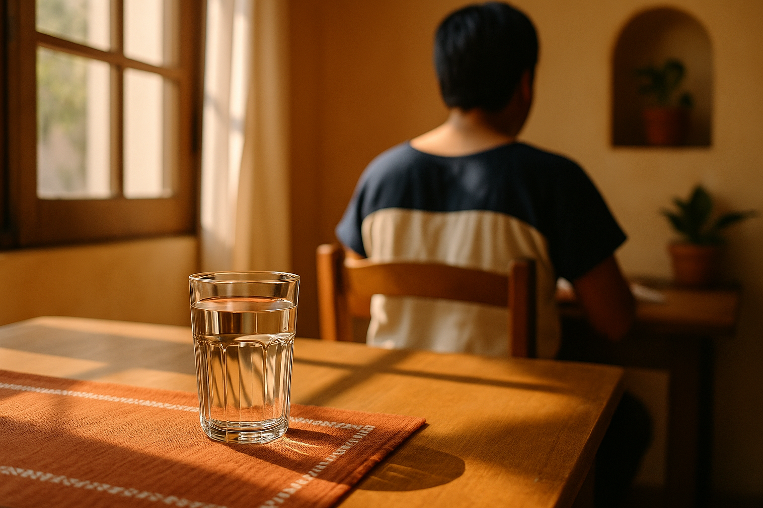 Mesa de madera con vaso de agua cristalina iluminado por luz natural matutina en una casa mexicana. Sedal de tela terracota de fondo desenfocado. Persona sentada de espaldas en penumbra suave. Tonalidades crema, azul marino y tierra. Atmósfera cálida y acogedora que evoca bienestar y recuperación de energía.