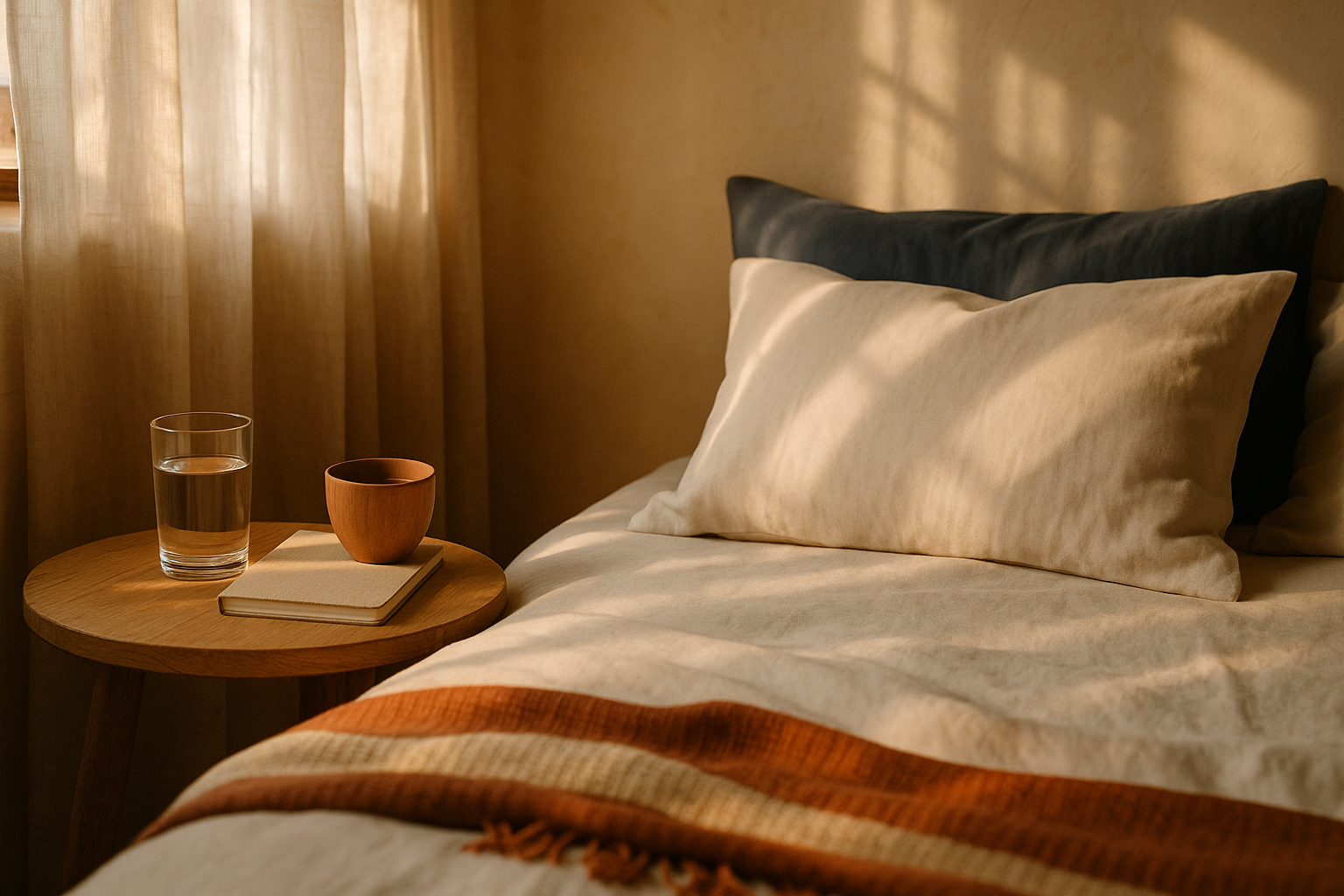 Escena serena de bienestar matutino en un dormitorio mexicano cálido: luz dorada natural filtrándose a través de cortinas de lino, iluminando una cama con sábanas crema y azul marino, un vaso de agua cristalina en la mesita de noche junto a una taza de té de hierbas, textura de fibras naturales y madera, atmósfera de descanso y vitalidad que evoca la energía de los glóbulos rojos y la salud sanguínea