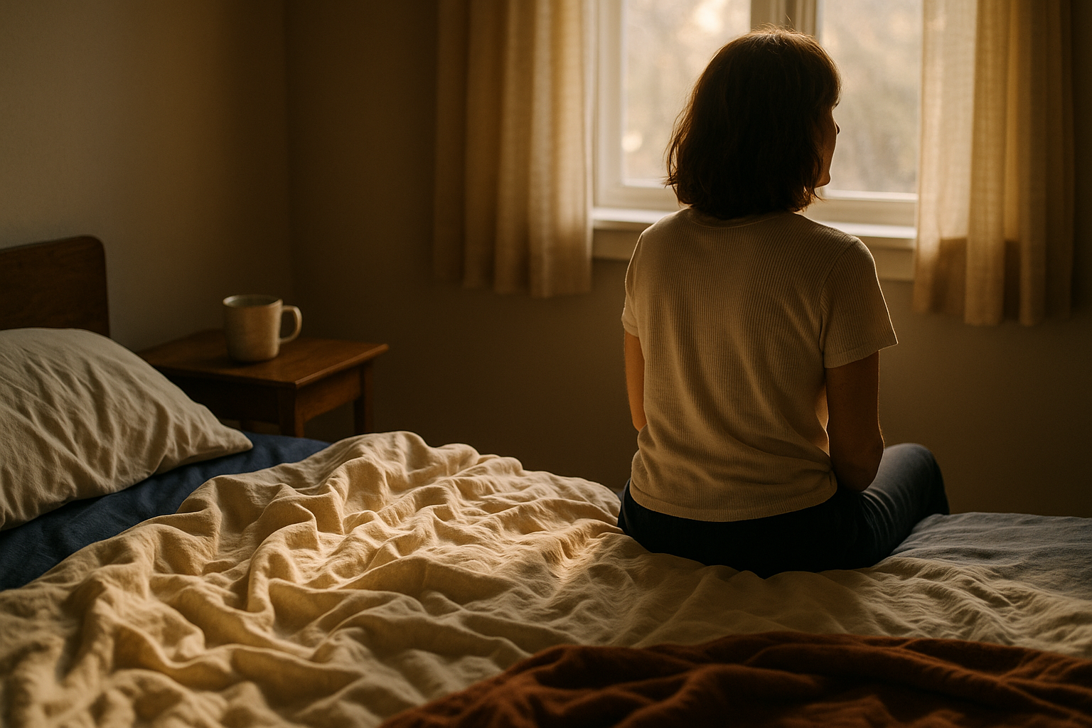 Fotografía editorial en tonos crema y azul marino: mujer de espaldas en la orilla de la cama al amanecer, mirando la luz natural que entra por la ventana. Junto a ella, un vaso de agua en el buró de madera. Atmósfera acogedora y reflexiva que evoca el cansancio matutino y la importancia de entender la hemoglobina. Luz natural suave, composición íntima y mexicana.