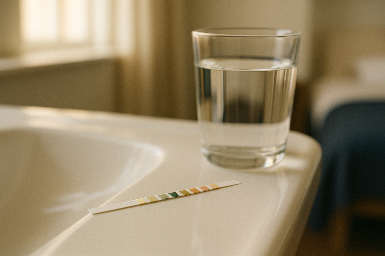 Tira reactiva de orina sobre superficie blanca con vaso de agua cristalina a la luz matinal; composición editorial minimalista con tonos crema y azul marino, luz natural suave que atraviesa la ventana, ambiente casero mexicano de tranquilidad y cuidado de la salud