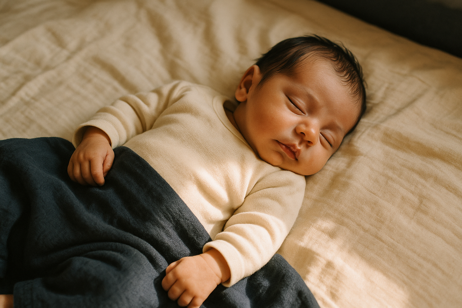 Bebé recién nacido durmiendo placidamente envuelto en textiles suaves de lino crema, bañado en luz natural matutina cálida, composición editorial de bienestar mexicano que evoca el acompañamiento sereno de la hemoglobina fetal desde el nacimiento
