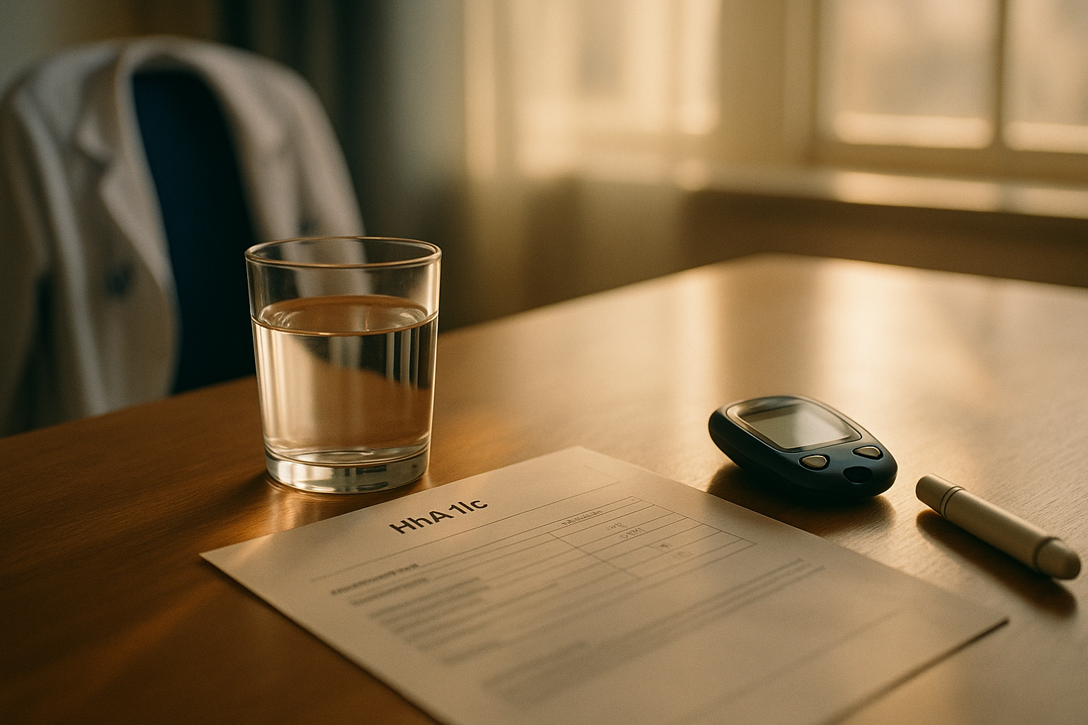 Escritorio de consultorio médico mexicano con luz natural matutina, documento de resultados de hemoglobina glucosilada desenfocado, vaso de agua iluminado, glucómetro digital descansando sobre madera, tonos cálidos crema y azul marino, fotografía editorial de salud, sin texto ni marcas de agua