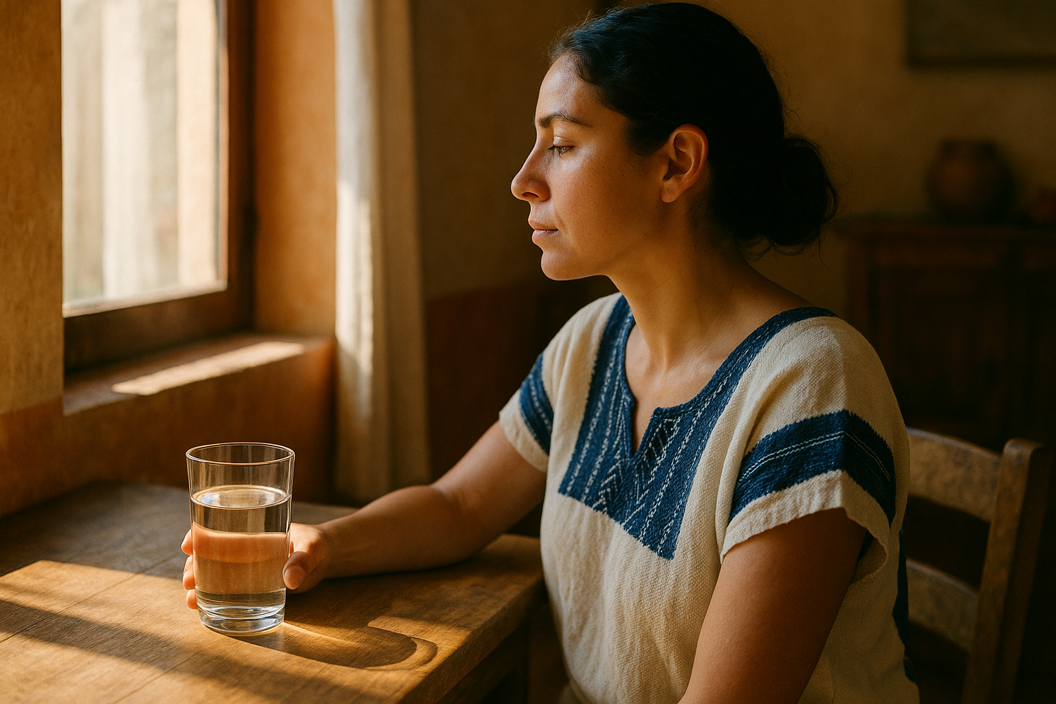 Mujer mexicana descansando junto a una ventana con luz natural matutina, sosteniendo un vaso de agua sobre una mesa de madera. Fotografía editorial de bienestar con tonos cálidos crema y navy, atmósfera serena y hogareña que refleja el cansancio y la importancia de la hidratación.
